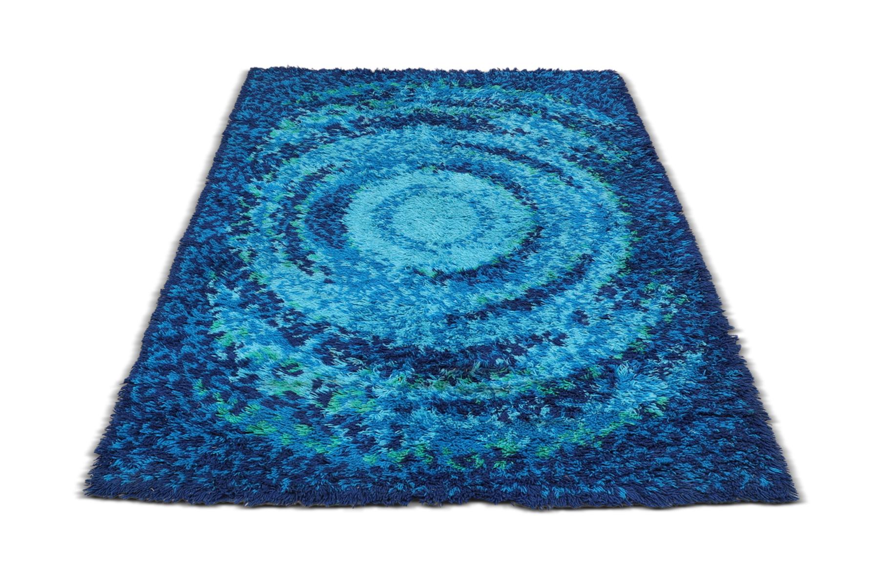 Wool Large Blue High Pile Rya Rug by Strehog Norden For Sale
