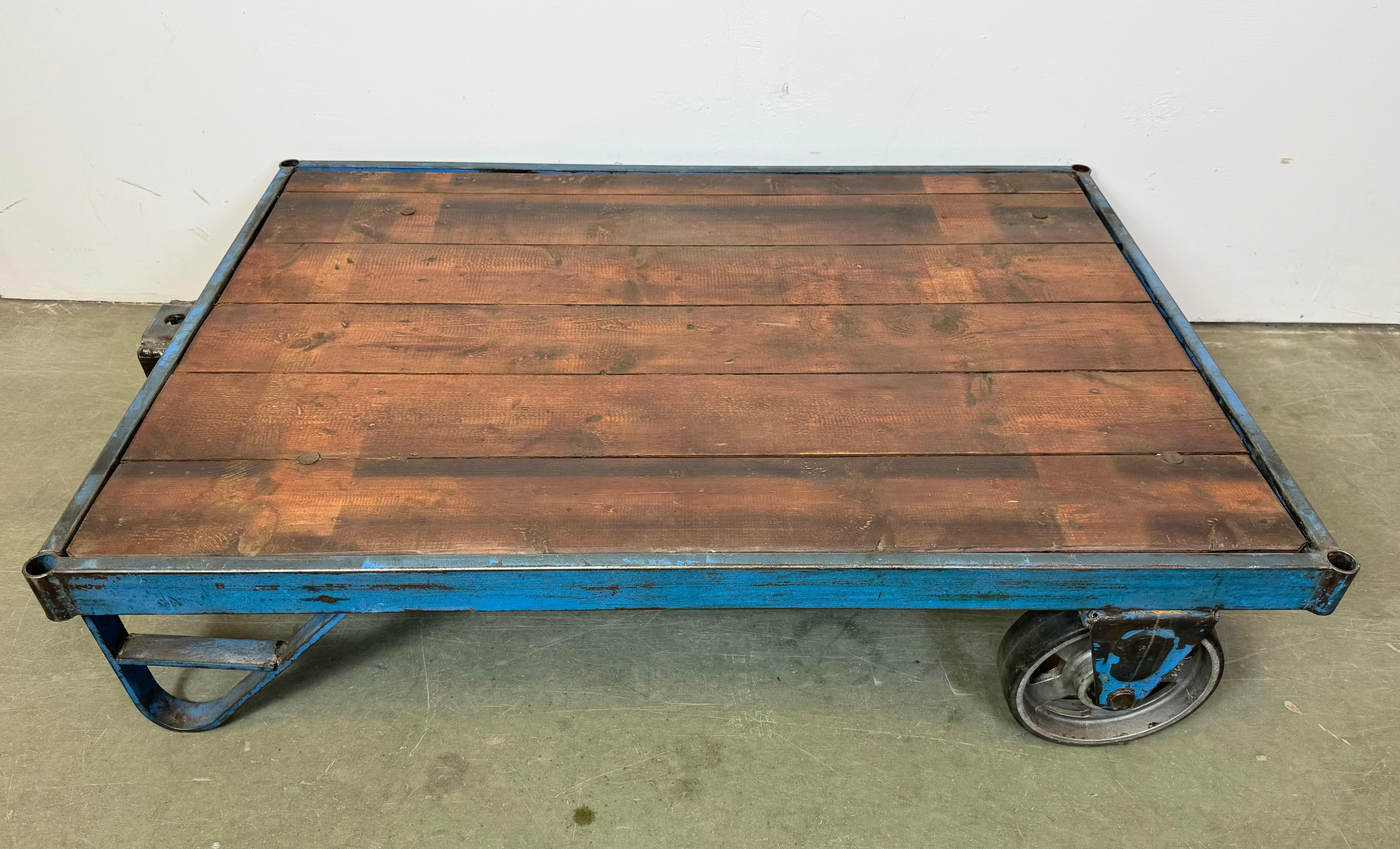Czech Large Blue Industrial Coffee Table Cart, 1960s For Sale