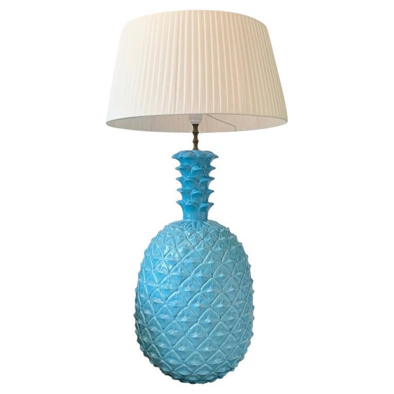 Large Blue Italian Ceramic Pineapple Lamp, 1960
s For Sale