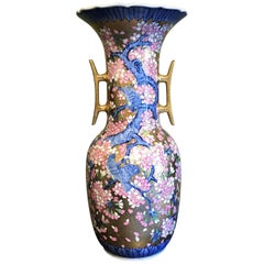 Large Blue Pink Japanese Gilded Porcelain Vase by Contemporary Master Artist