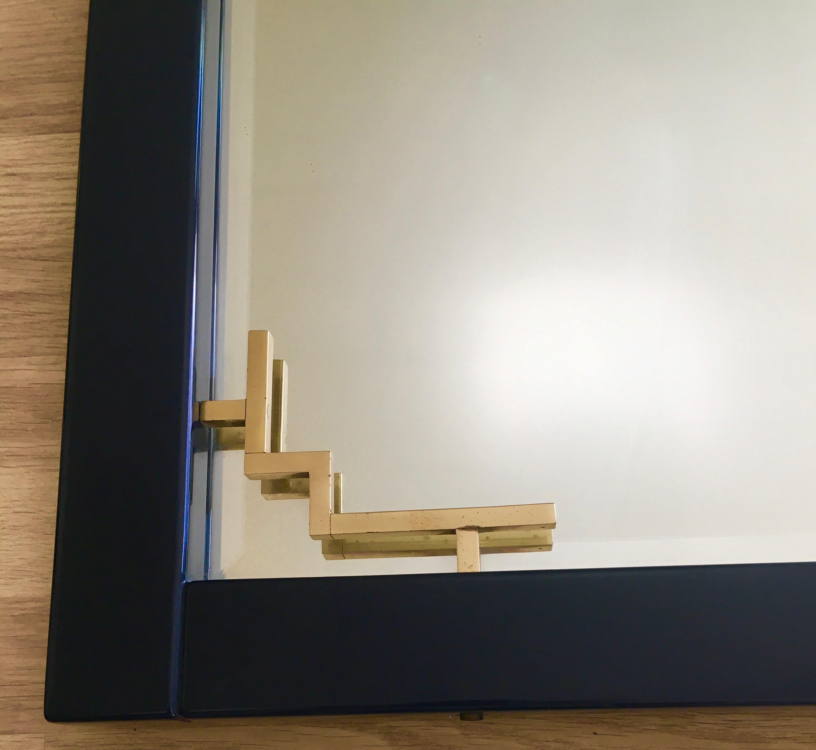 Lacquered Large Blue Lacquer Mirror with Brass Details by Maison Jansen, France, 1978
