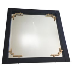 Large Blue Lacquer Mirror with Brass Details by Maison Jansen, France, 1978