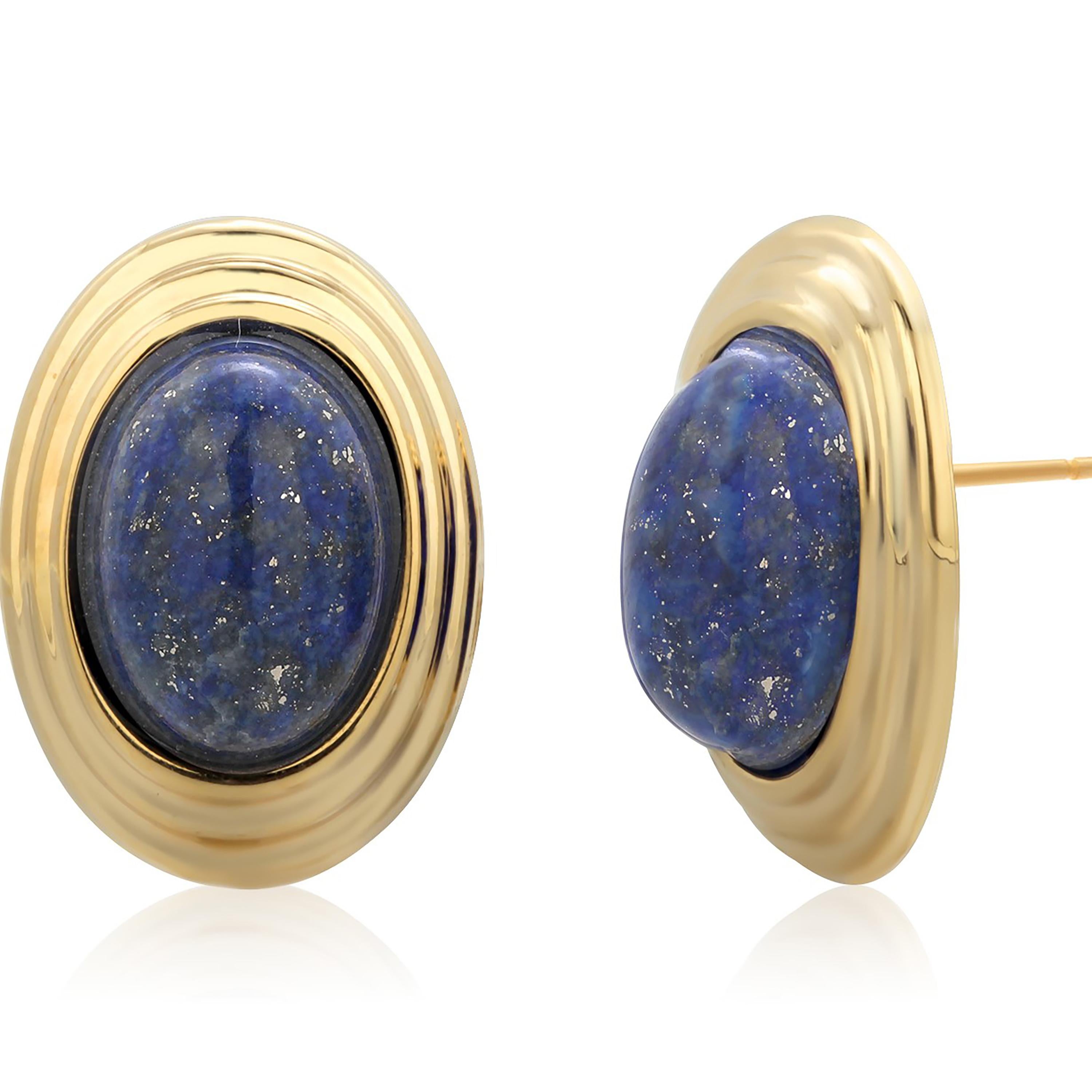 Large Blue Lapis Lazuli 14 Karat Yellow Gold 0.90 Inch Long Stud Earrings  In Good Condition For Sale In New York, NY