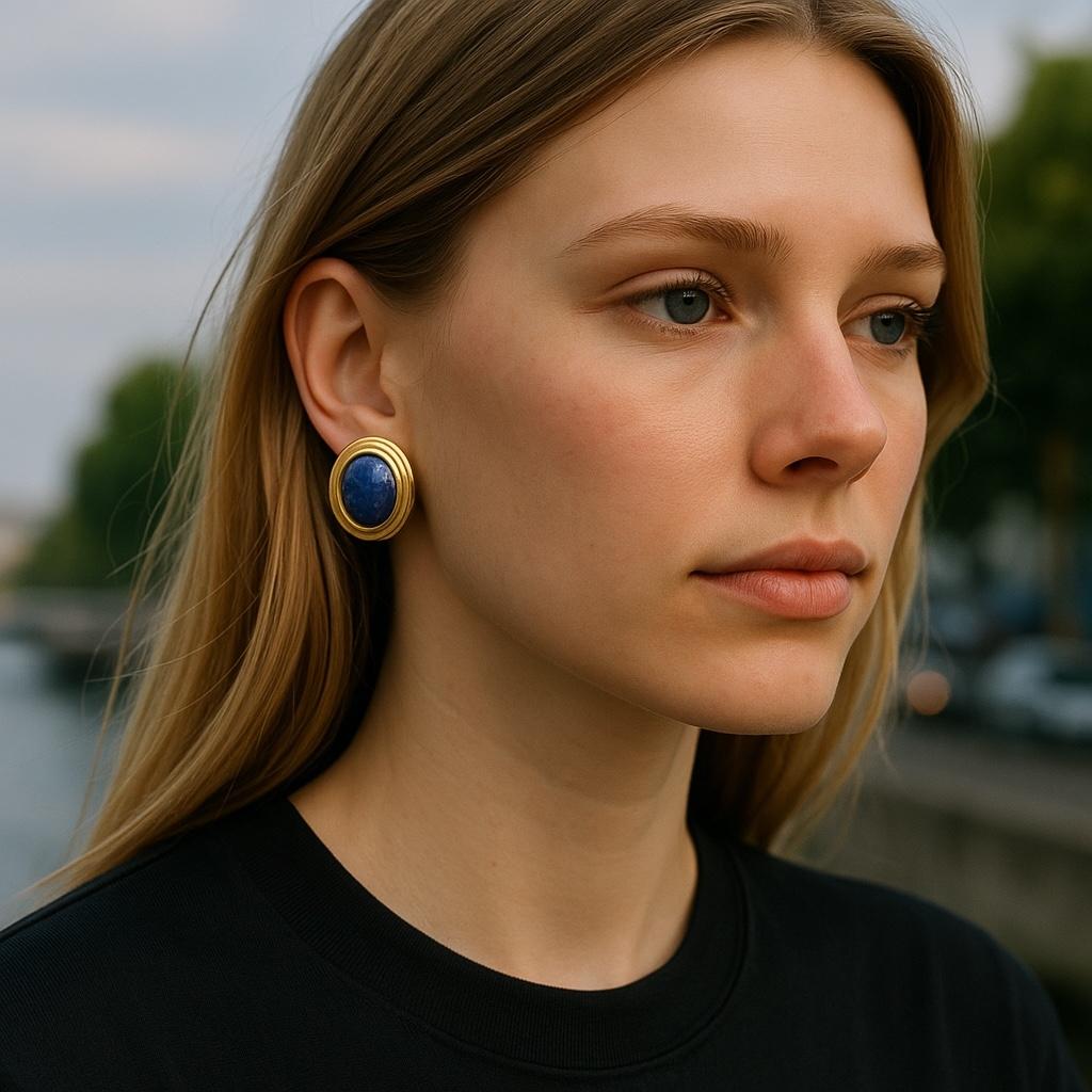 Contemporary Large Blue Lapis Lazuli 14 Karat Yellow Gold 0.90 Inch Long Stud Earrings For Sale
