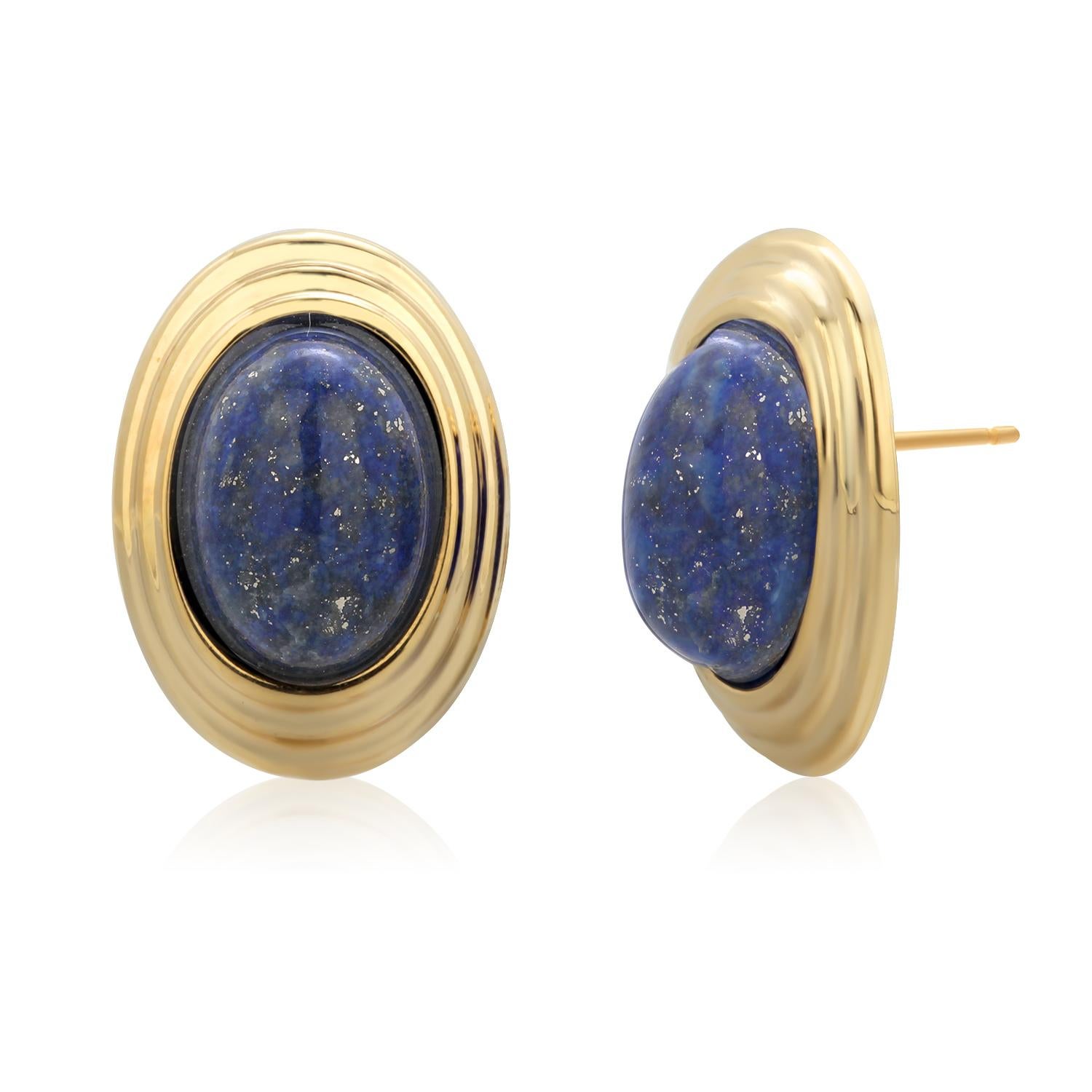 Large Blue Lapis Lazuli 14 Karat Yellow Gold 0.90 Inch Long Stud Earrings  For Sale 4