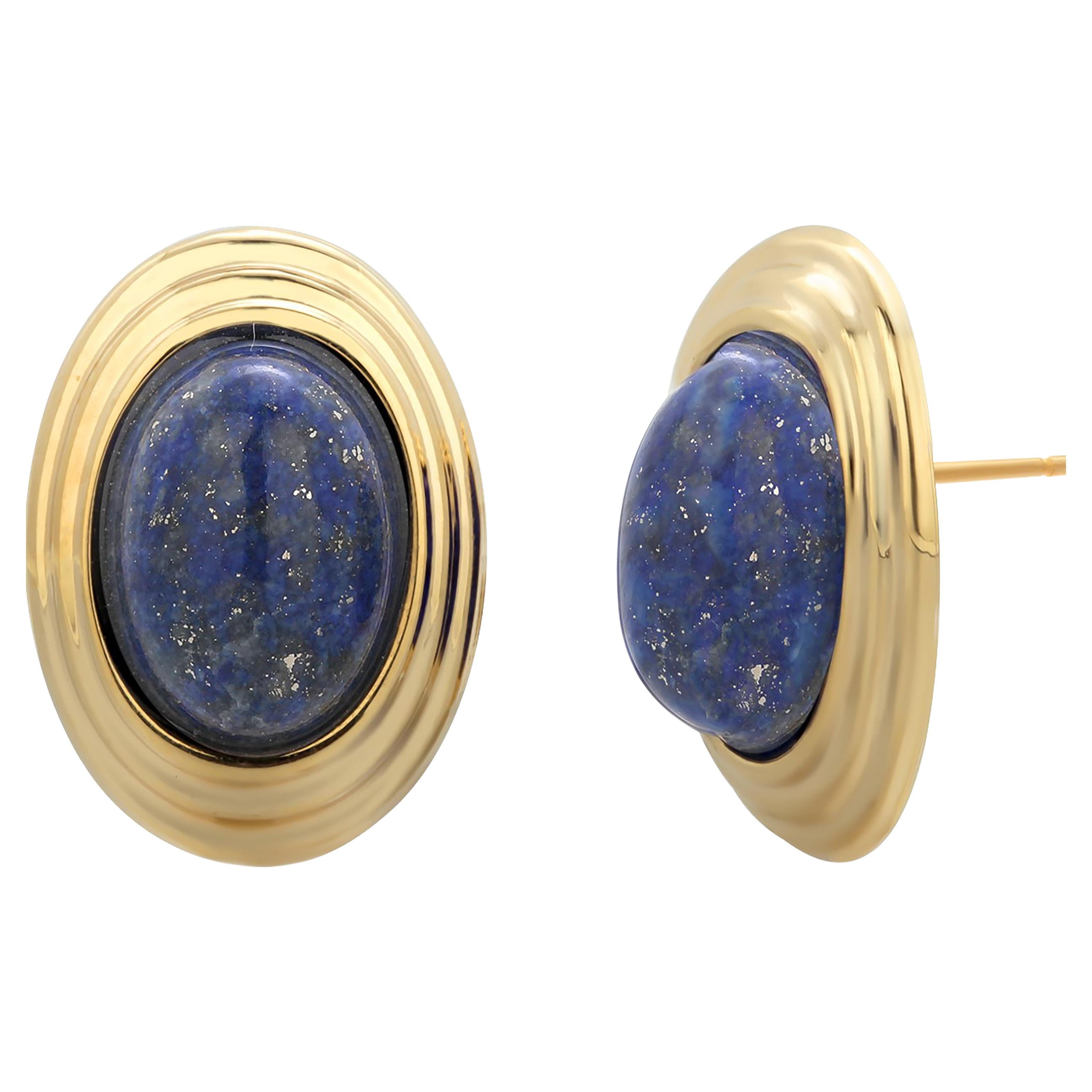 Large Blue Lapis Lazuli 14 Karat Yellow Gold 0.90 Inch Long Stud Earrings  For Sale