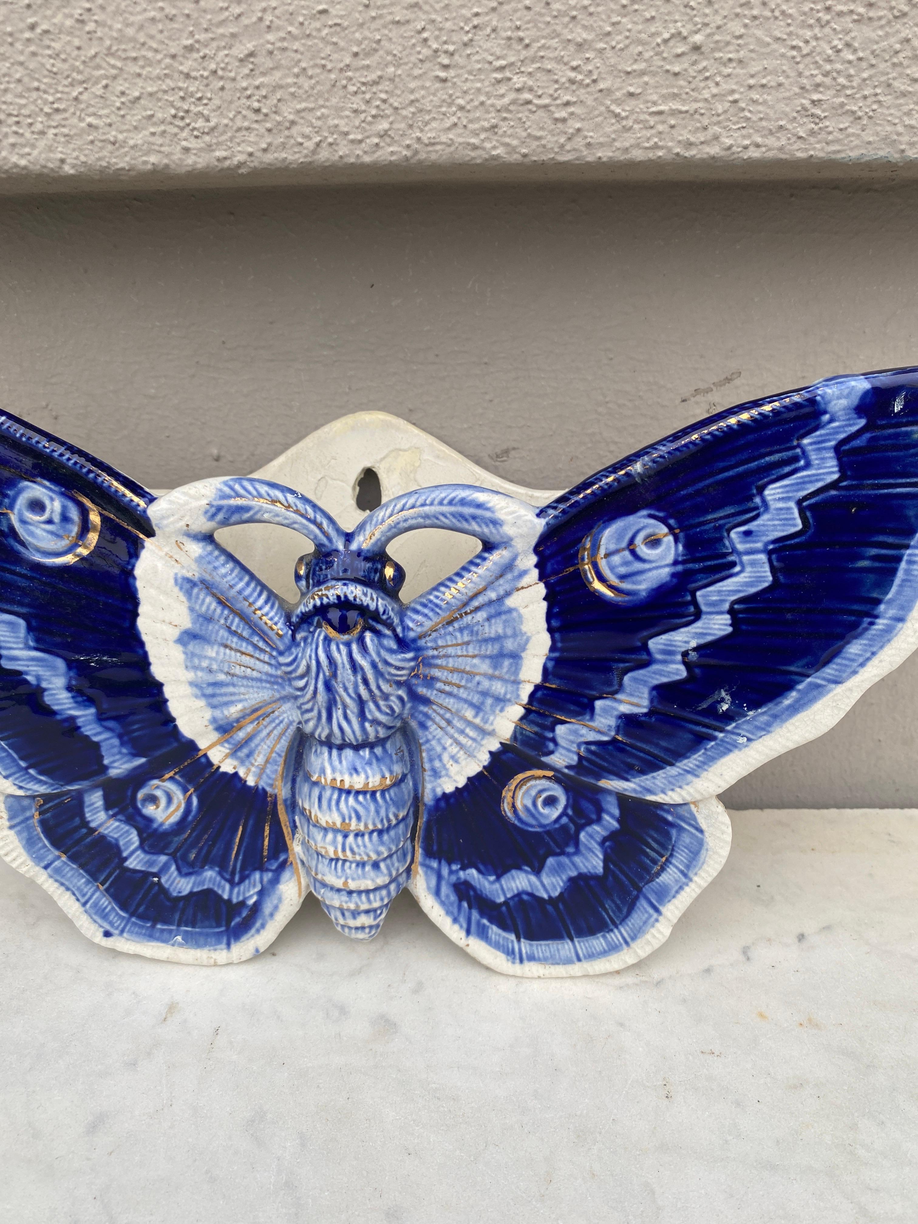 Art Nouveau Large Blue Majolica Butterfly Wall Pocket Fives Lille, circa 1900 For Sale