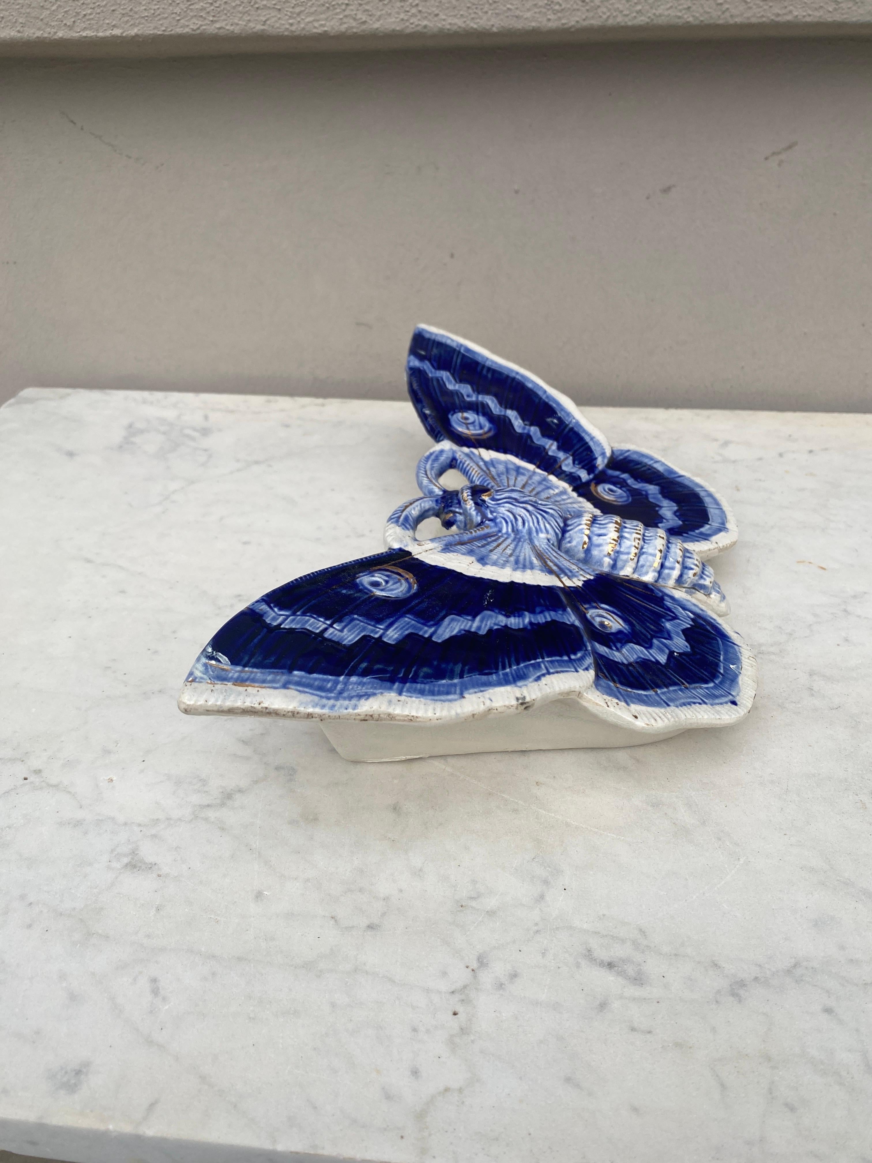 French Large Blue Majolica Butterfly Wall Pocket Fives Lille, circa 1900 For Sale