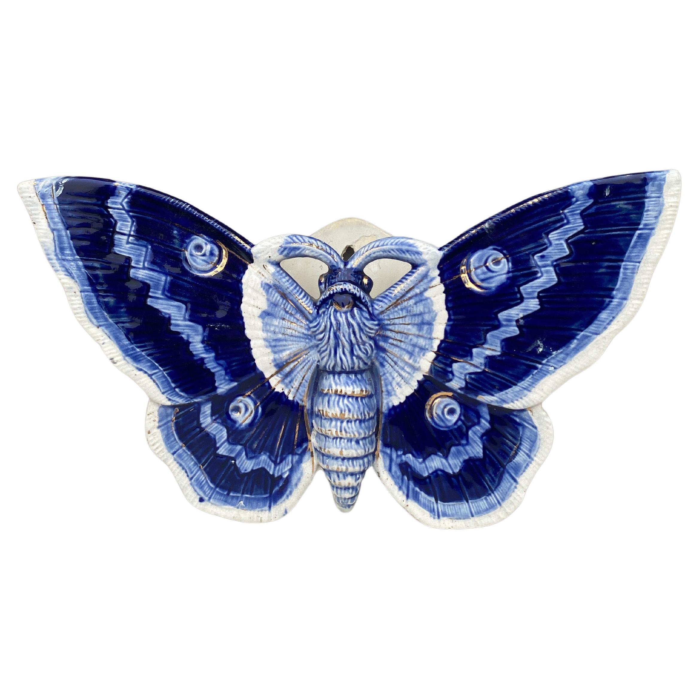 Large Blue Majolica Butterfly Wall Pocket Fives Lille, circa 1900 For Sale
