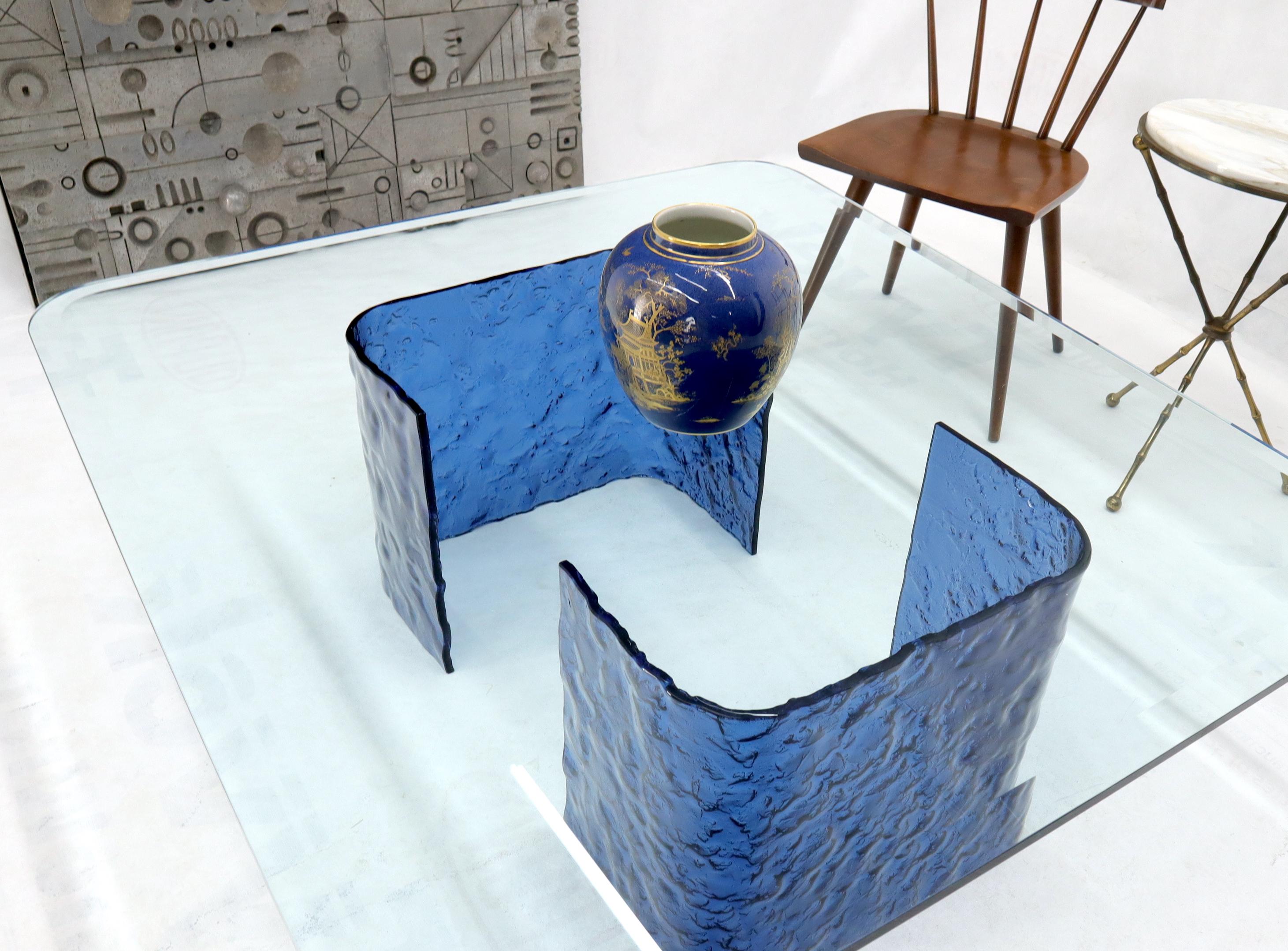 Large Blue Molten & Bent Glass C-Shape Base Glass Top Coffee Table For Sale 2