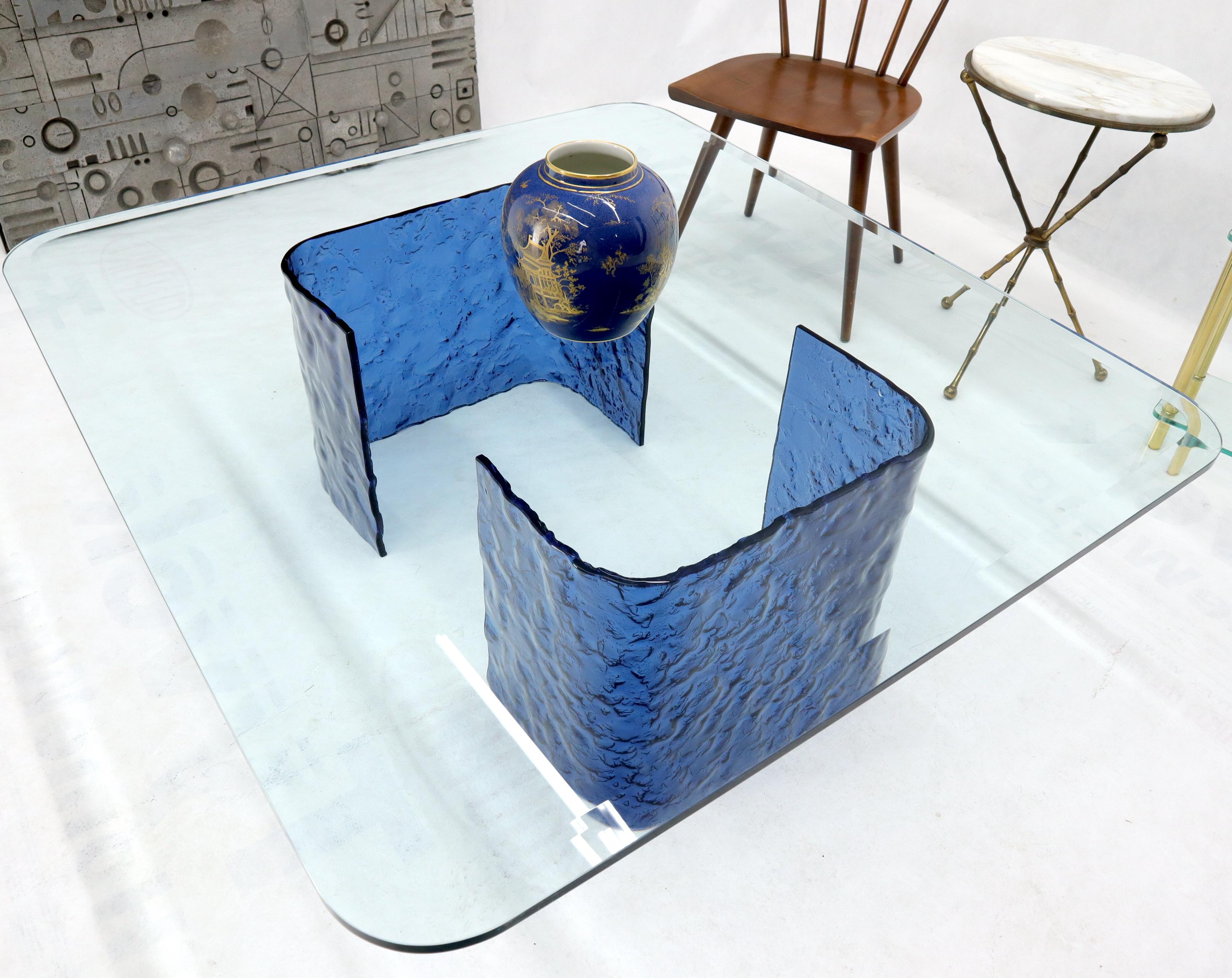 Large Blue Molten & Bent Glass C-Shape Base Glass Top Coffee Table For Sale 3