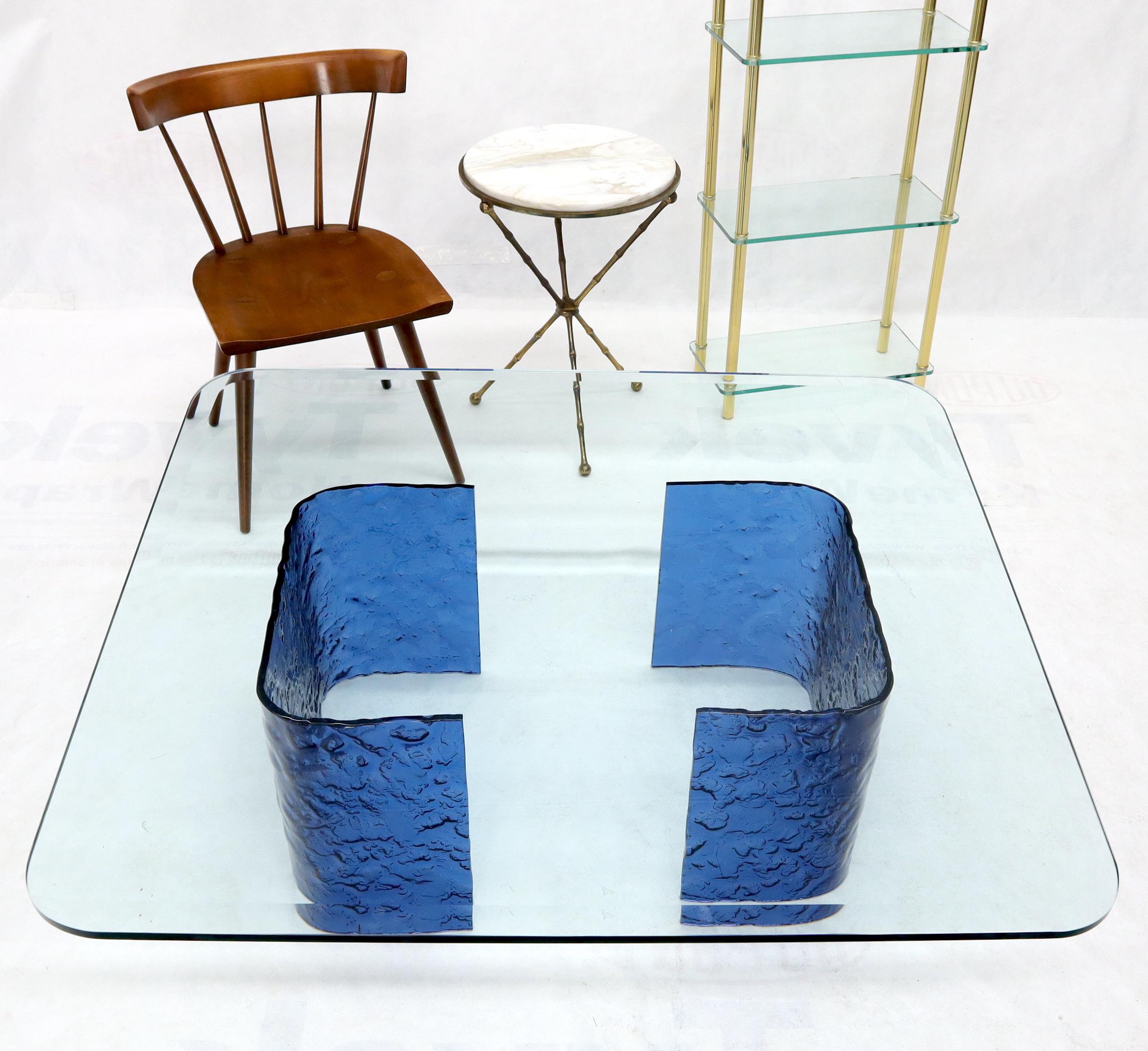 Mid-Century Modern Large Blue Molten & Bent Glass C-Shape Base Glass Top Coffee Table For Sale