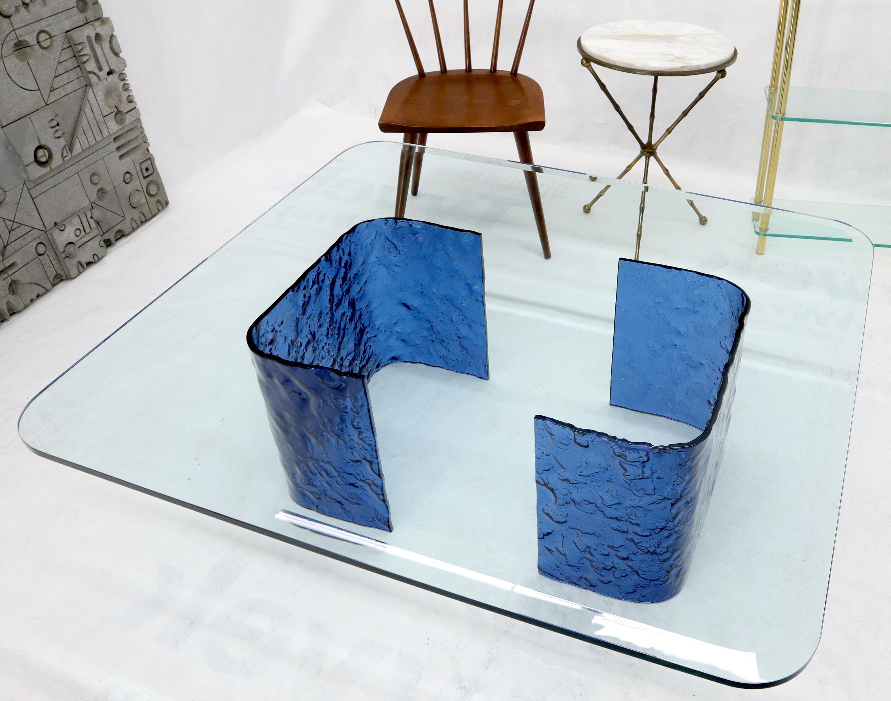 Italian Large Blue Molten & Bent Glass C-Shape Base Glass Top Coffee Table For Sale