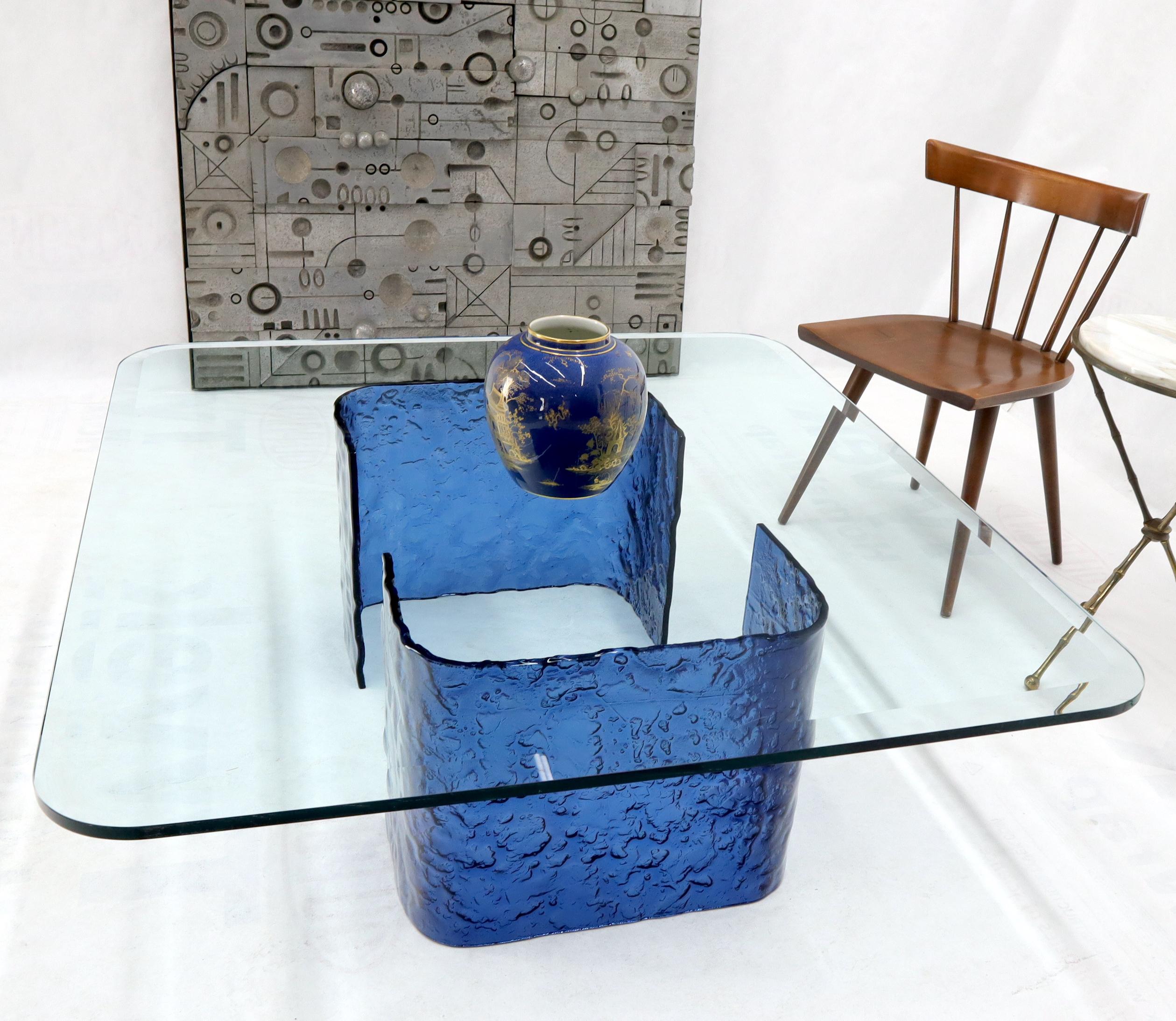 Large Blue Molten & Bent Glass C-Shape Base Glass Top Coffee Table For Sale 1