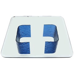 Vintage Large Blue Molten & Bent Glass C-Shape Base Glass Top Coffee Table