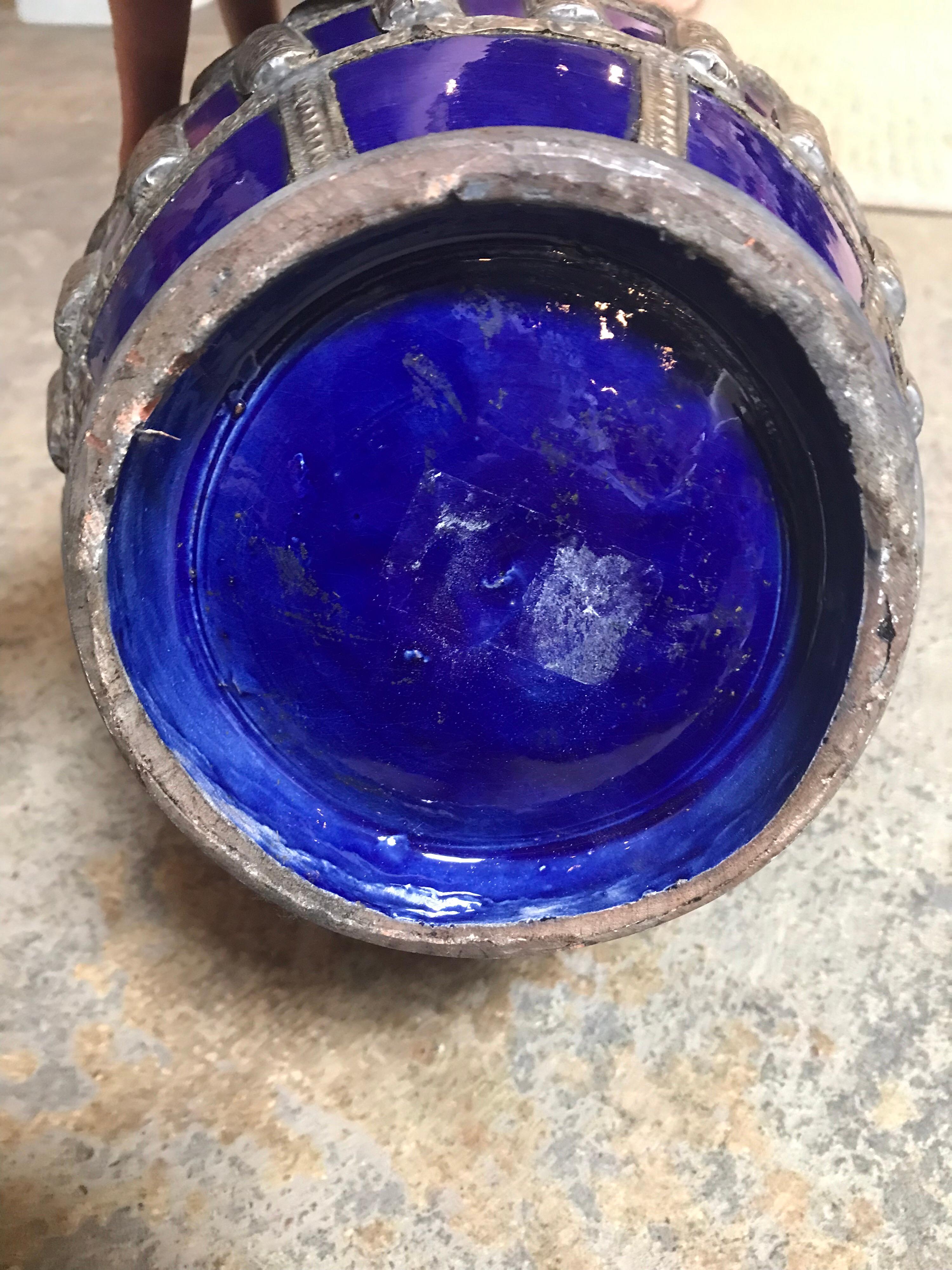 Glazed Large Blue Moroccan Pot For Sale