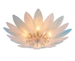 1960 Italy Large Blue Murano Flush Mount Palmette Glass & Brass Chandelier