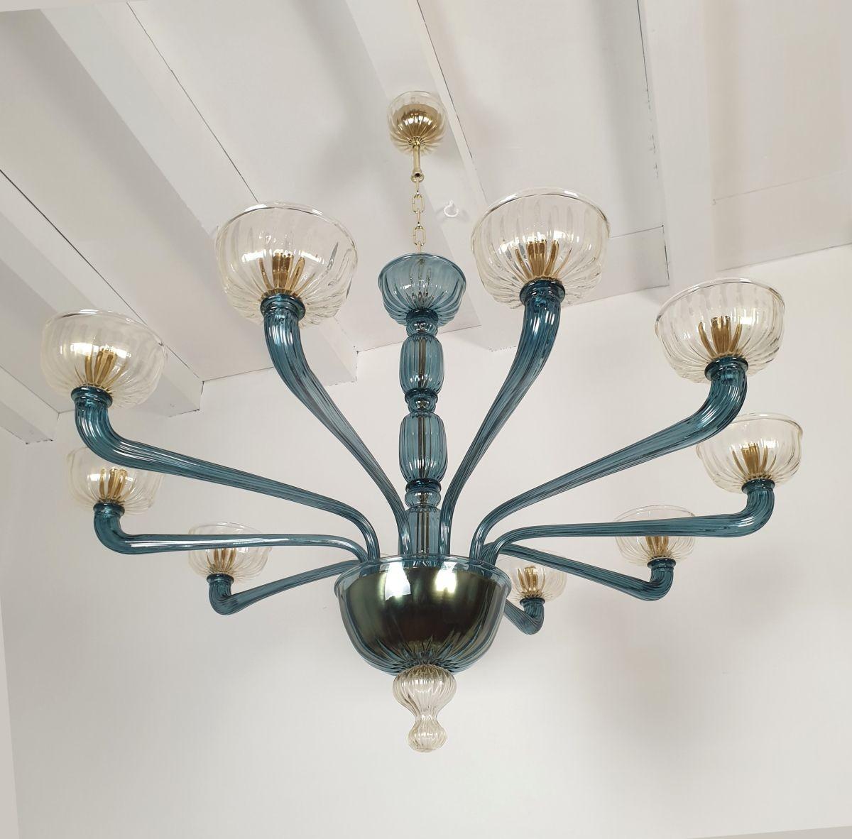 Mid-Century Modern Large blue Murano glass chandelier, Italy