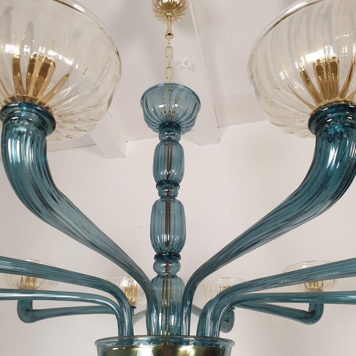 Gold Plate Large blue Murano glass chandelier, Italy