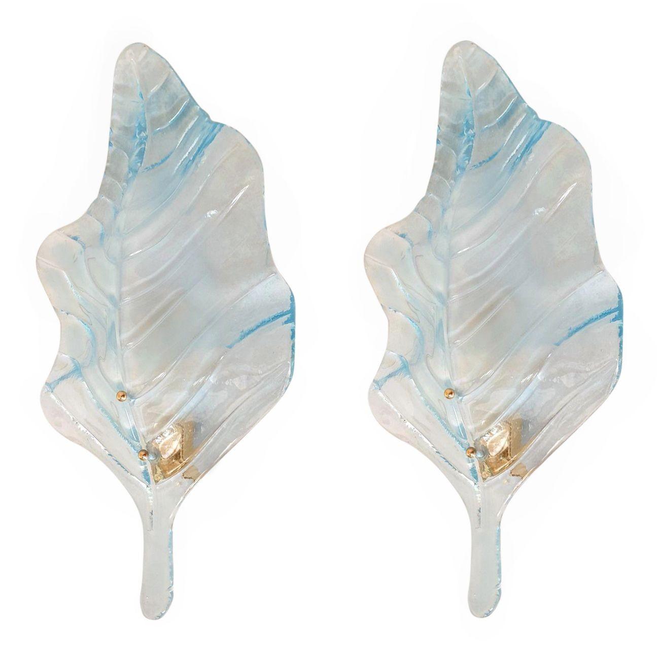 Italian Large blue Murano glass leaf sconces - a pair For Sale
