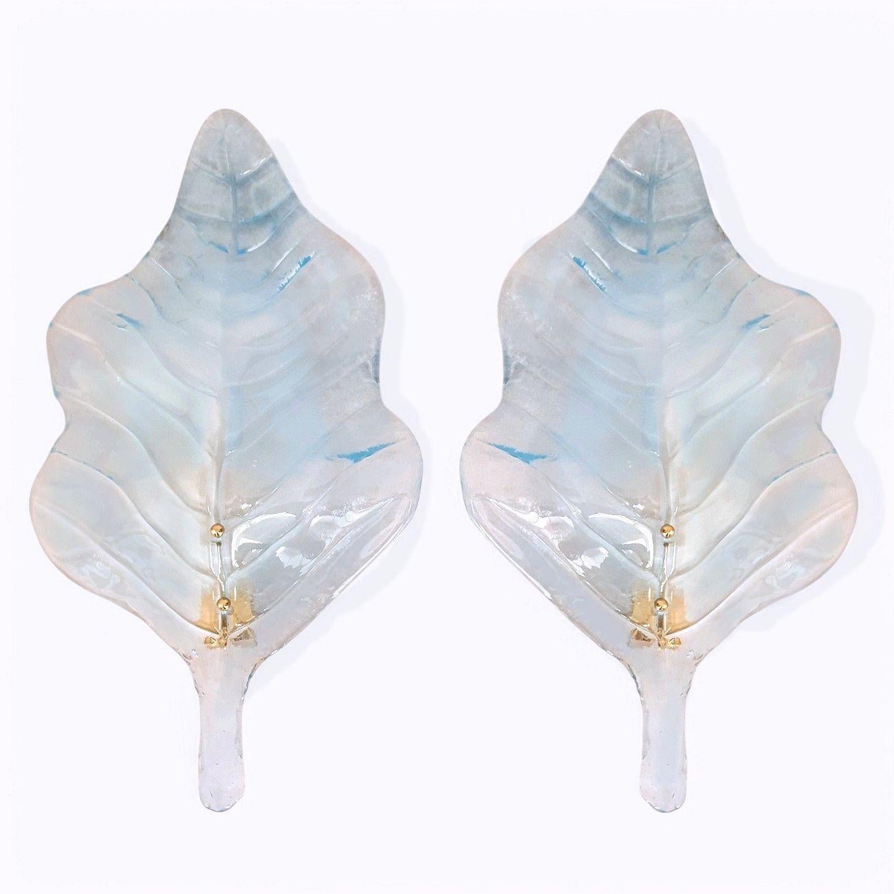 Large blue Murano glass leaf sconces - a pair In Excellent Condition For Sale In Dallas, TX