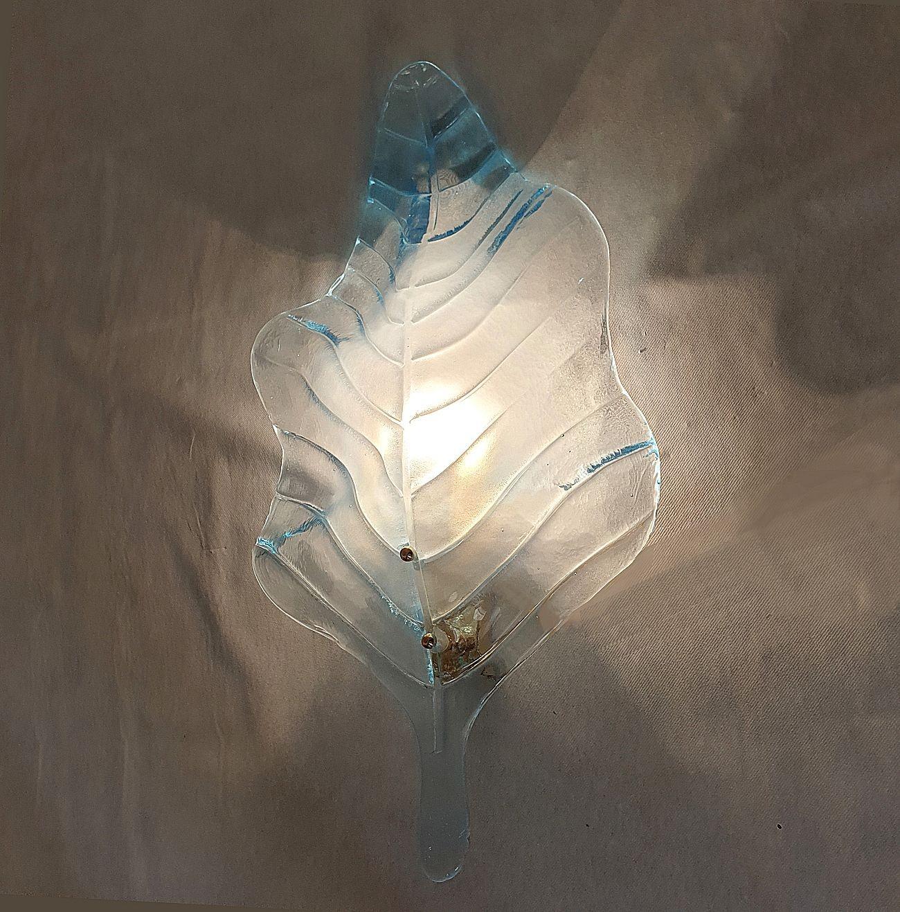 Late 20th Century Large blue Murano glass leaf sconces - a pair For Sale