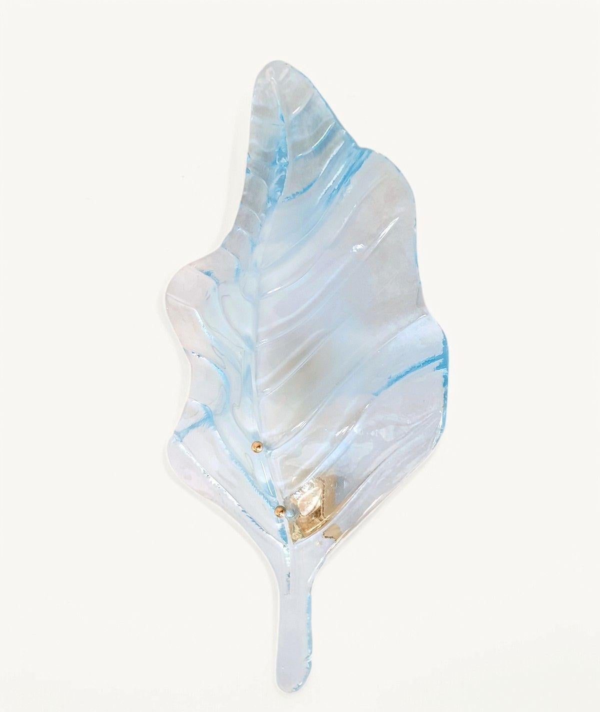 Brass Large blue Murano glass leaf sconces - a pair For Sale