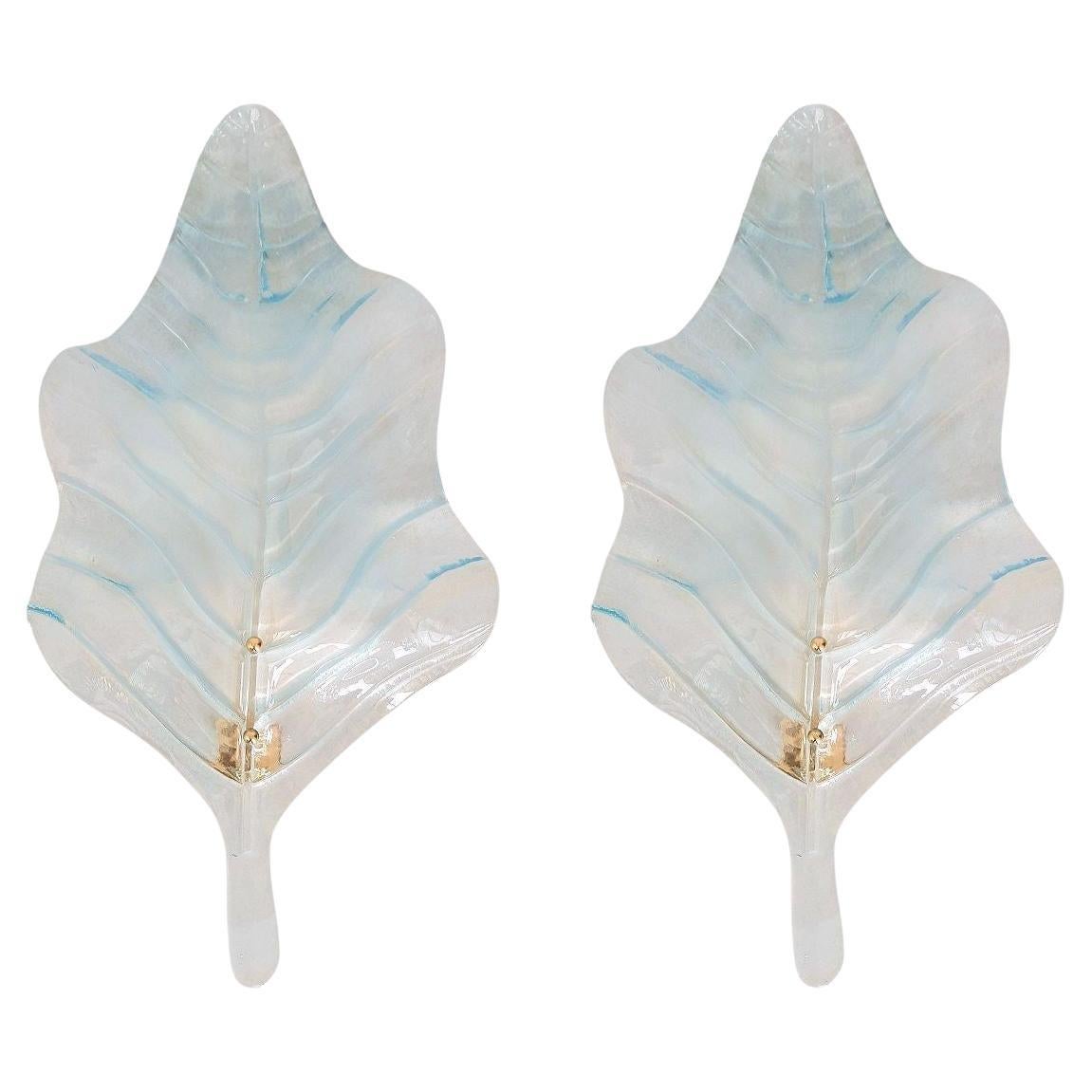 Large blue Murano glass leaf sconces - a pair For Sale