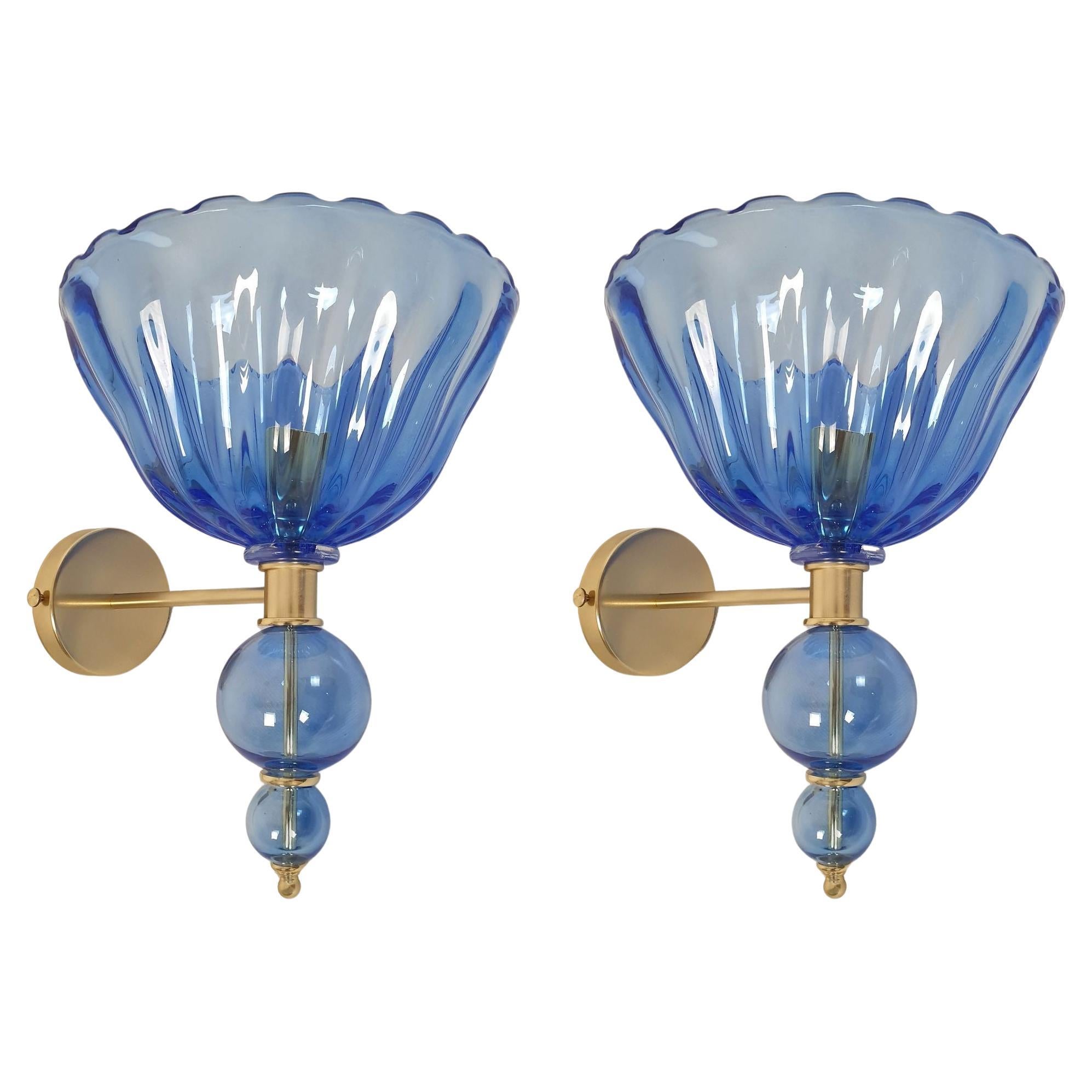 Blaues Murano-Glas Mid Century Wandleuchten - ein Paar