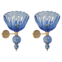 Large Blue Murano Glass Mid-Century Modern Sconces, Barovier Style, a Pair
