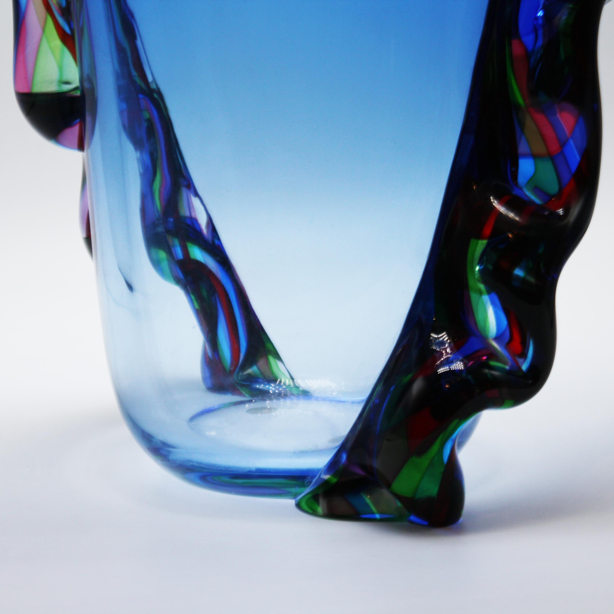 Large Blue Murano Vase with Multicolored Detailing, c. 1970 In Good Condition In Dallas, TX