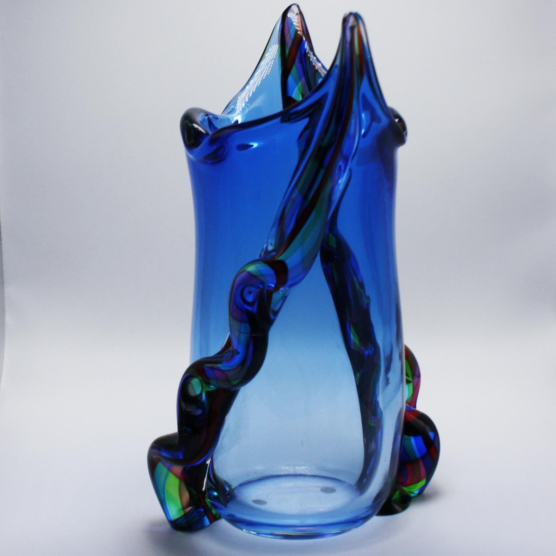 Late 20th Century Large Blue Murano Vase with Multicolored Detailing, c. 1970