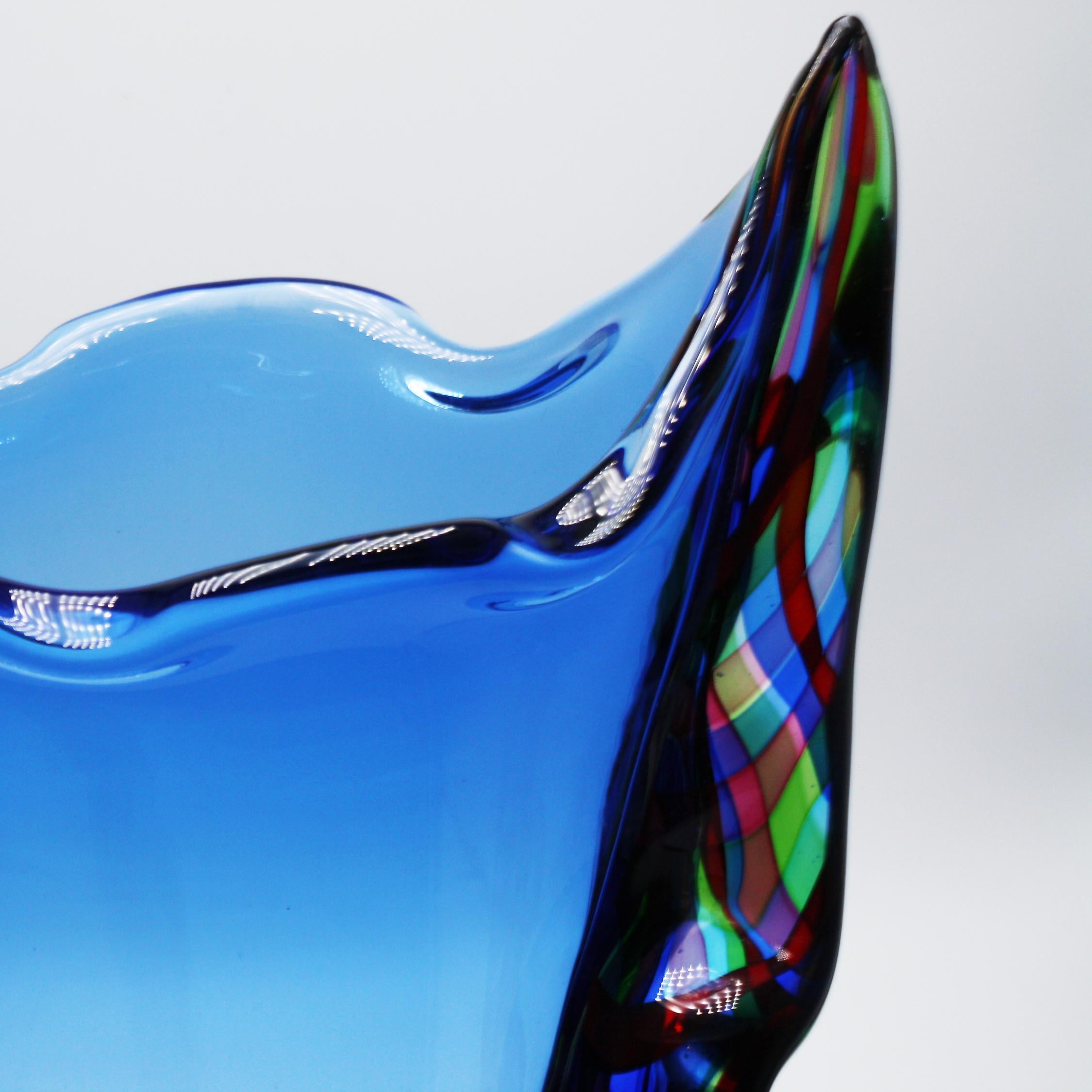 Blown Glass Large Blue Murano Vase with Multicolored Detailing, c. 1970