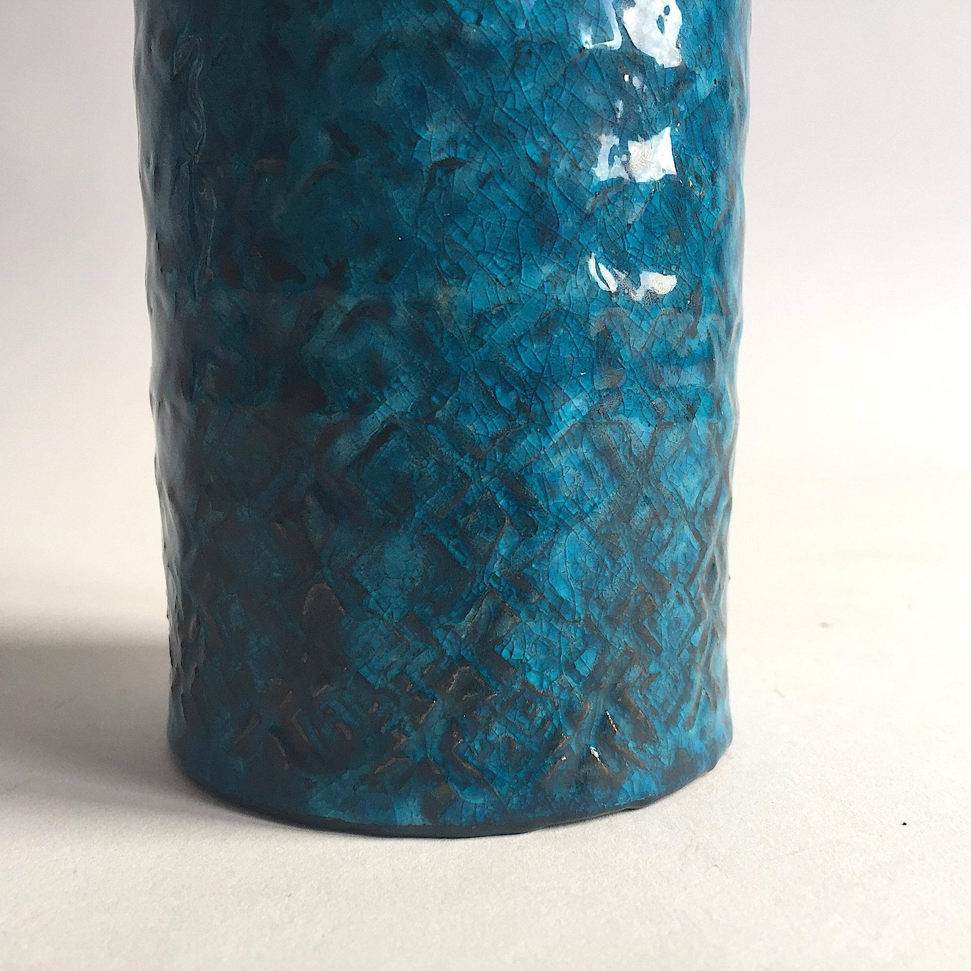 Caribbean blue glaze stoneware table vase by Nils Kahler for Hermann A. Kahler, Denmark. Ceramic. Signed. HAK - Niels - Denmark.