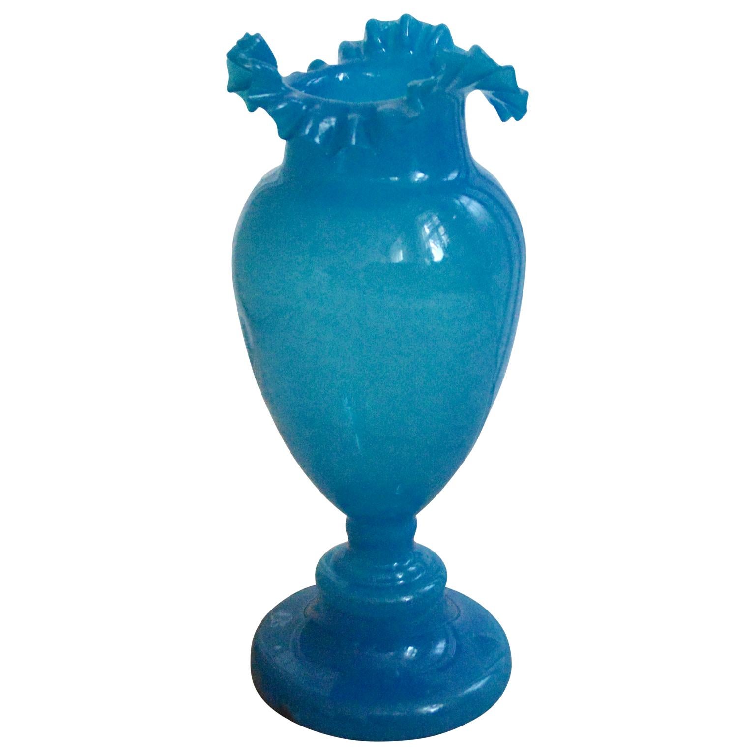 Large blue opaline glass egg vase with a scaly or ribbed collar. The vase is proberbly Italian and from the Art Nouveau periode.