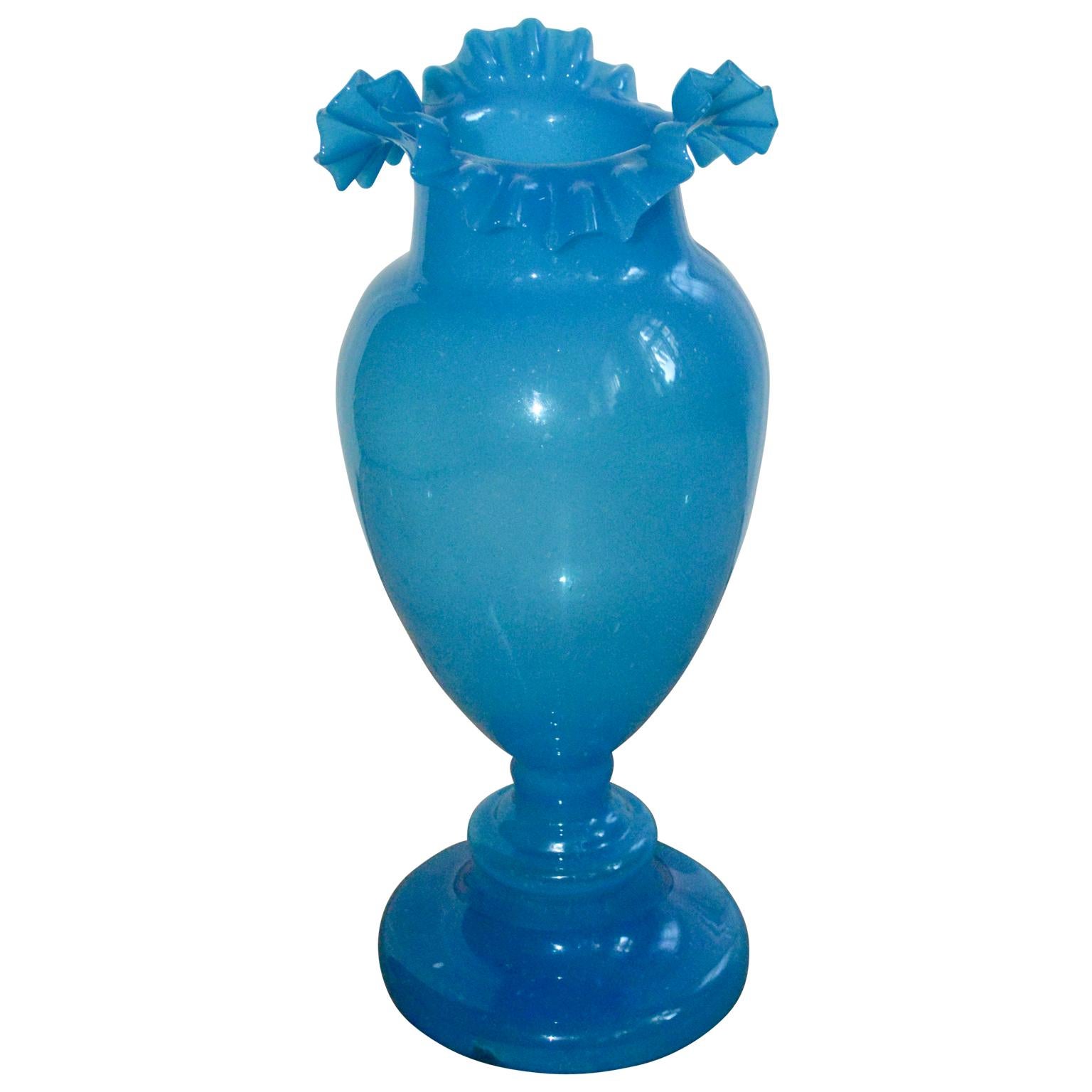Art Nouveau Large Blue Opaline Glass Egg Vase