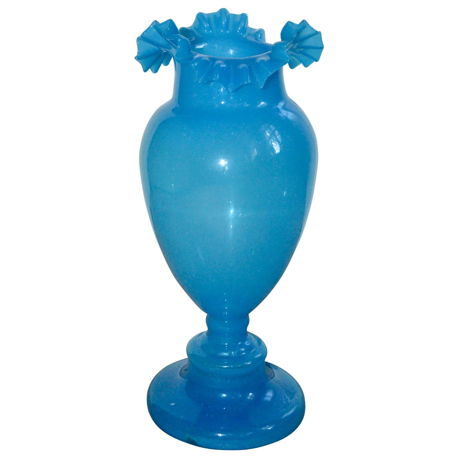 European Large Blue Opaline Glass Egg Vase