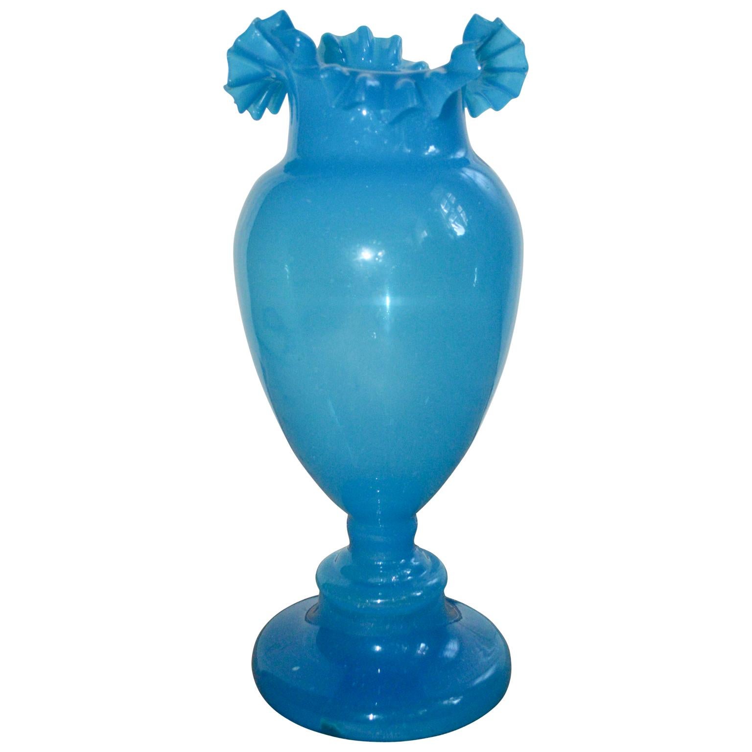 Hand-Crafted Large Blue Opaline Glass Egg Vase