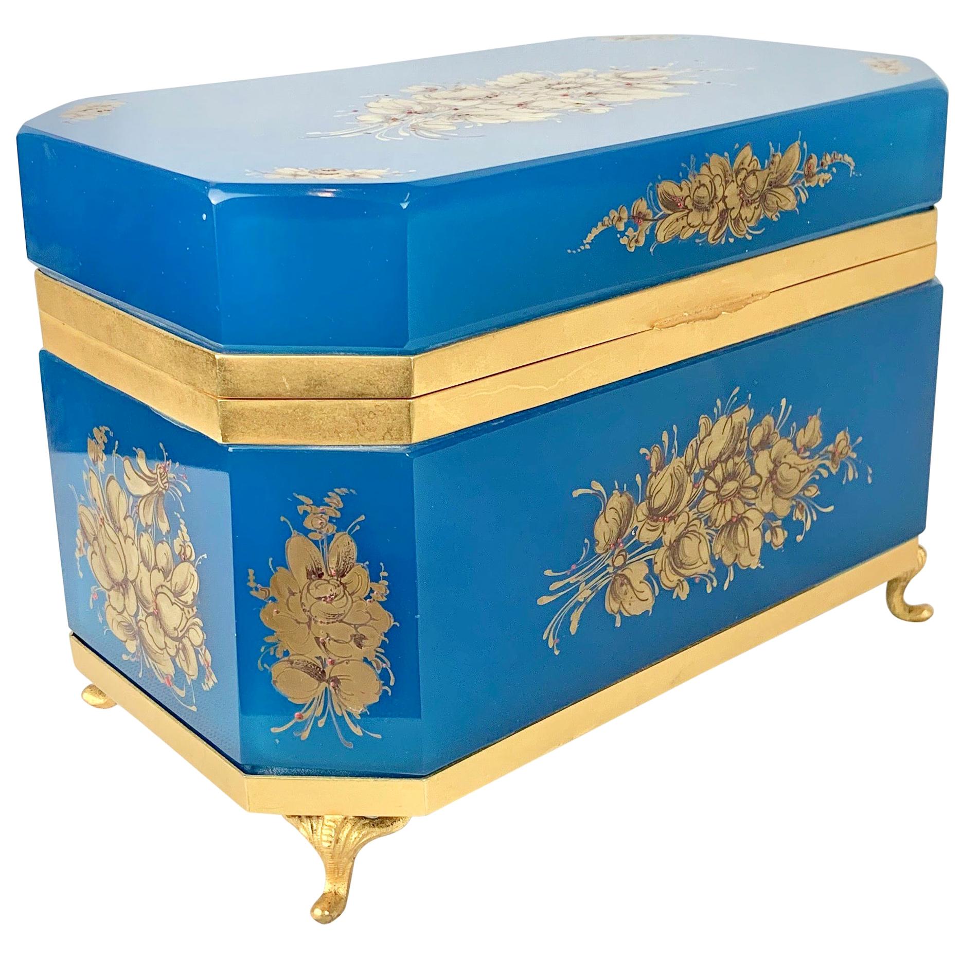 Blue Opaline Hinged Glass Box with Gilt Frame-Hand Painted 9" x 6.25"