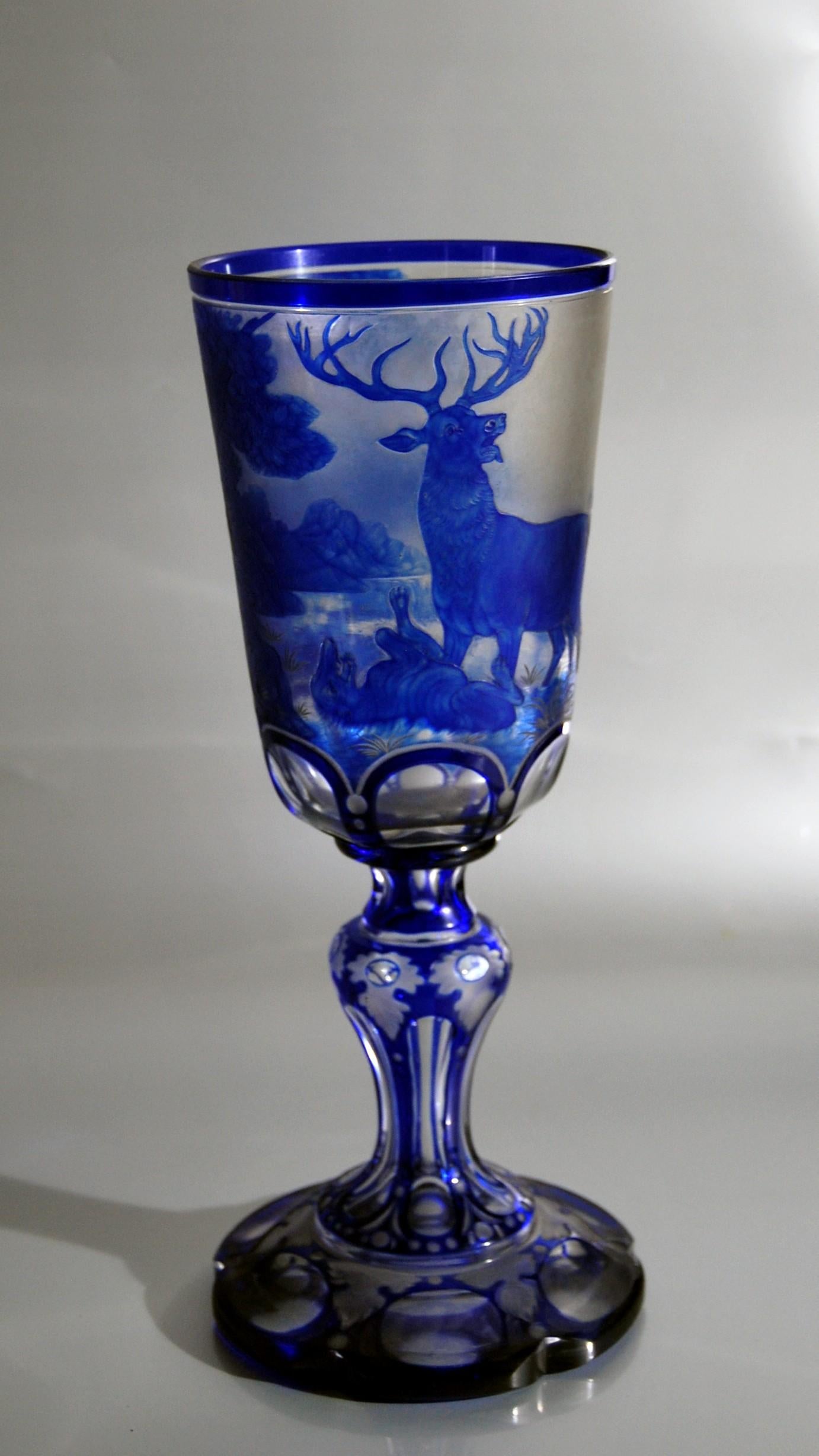 Engraved Large Blue Overlay Bohemian Crystal Hunting Glass For Sale