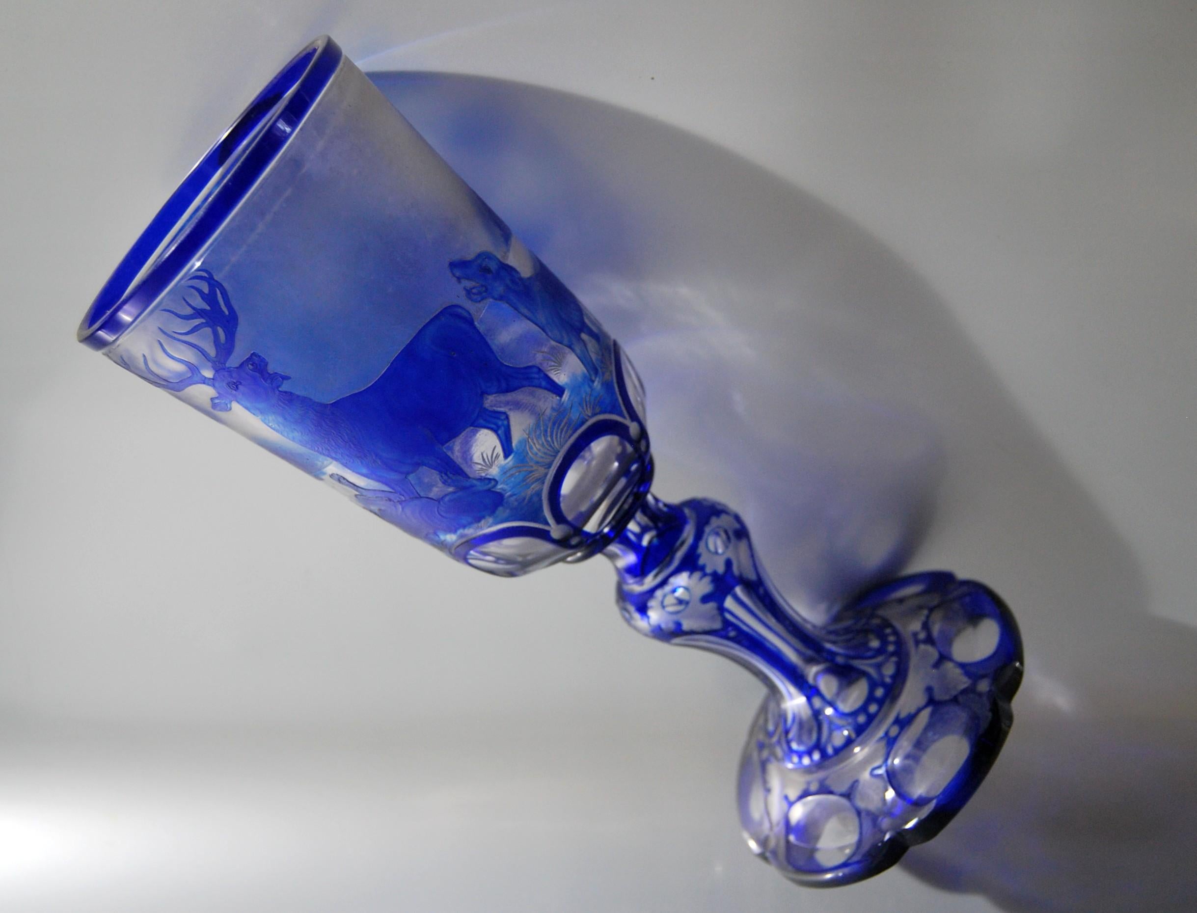 Large Blue Overlay Bohemian Crystal Hunting Glass For Sale 1