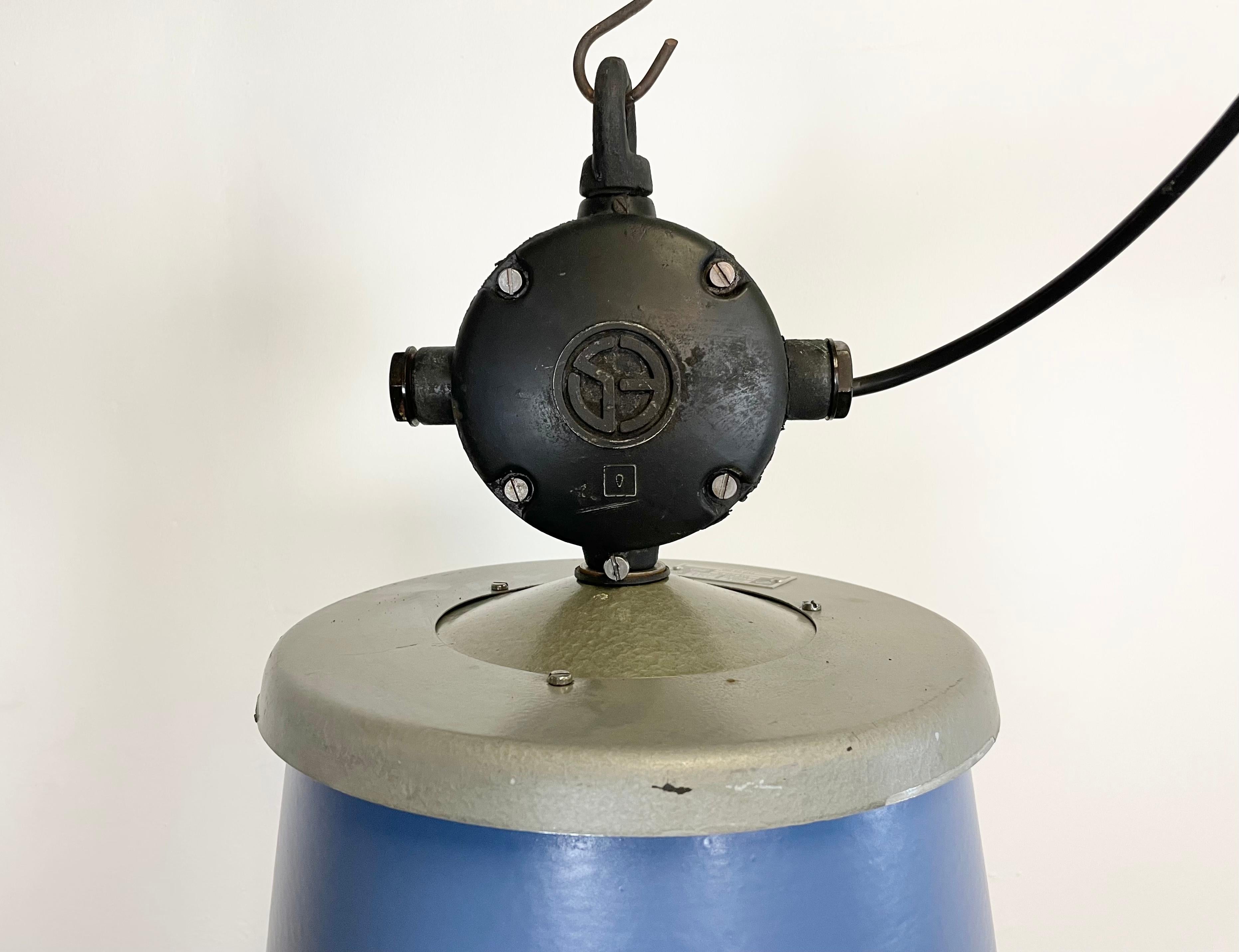 Czech Large Blue Painted Industrial Factory Lamp from Elektrosvit, 1960s For Sale