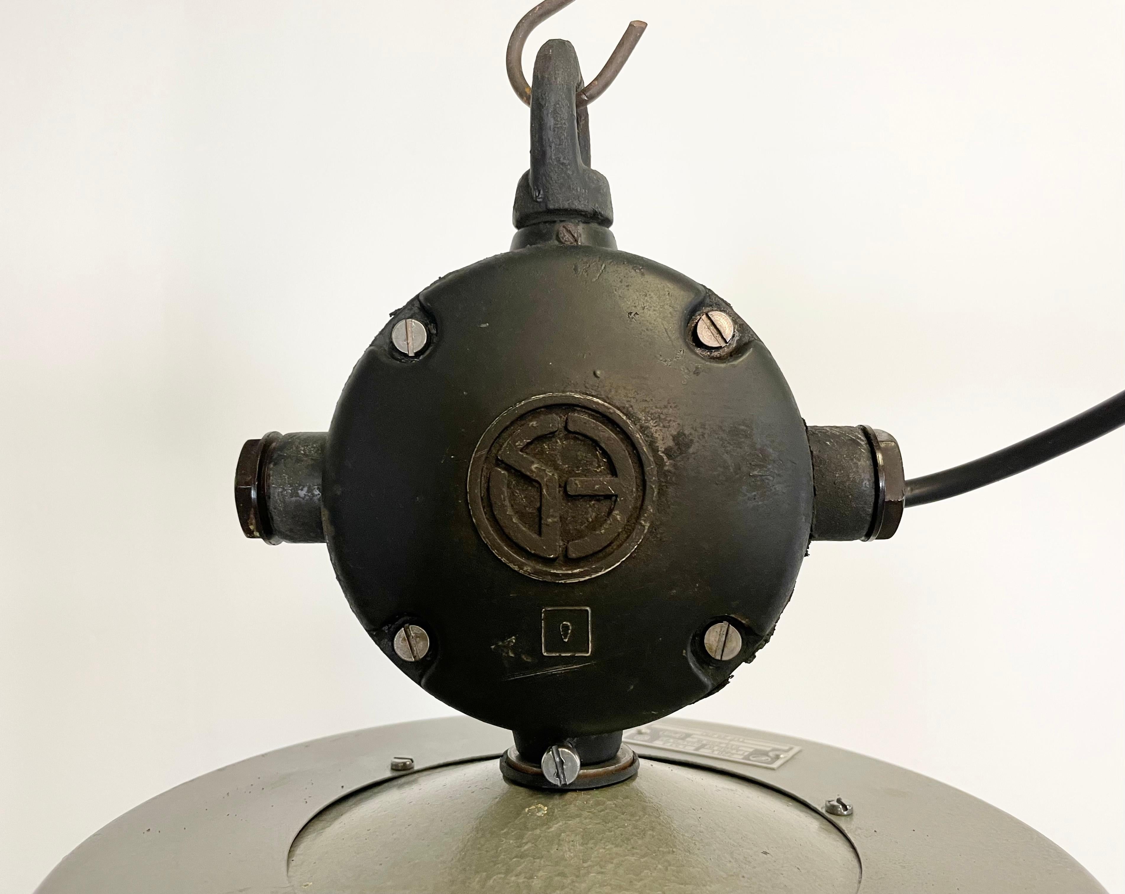 Large Blue Painted Industrial Factory Lamp from Elektrosvit, 1960s In Good Condition For Sale In Kojetice, CZ