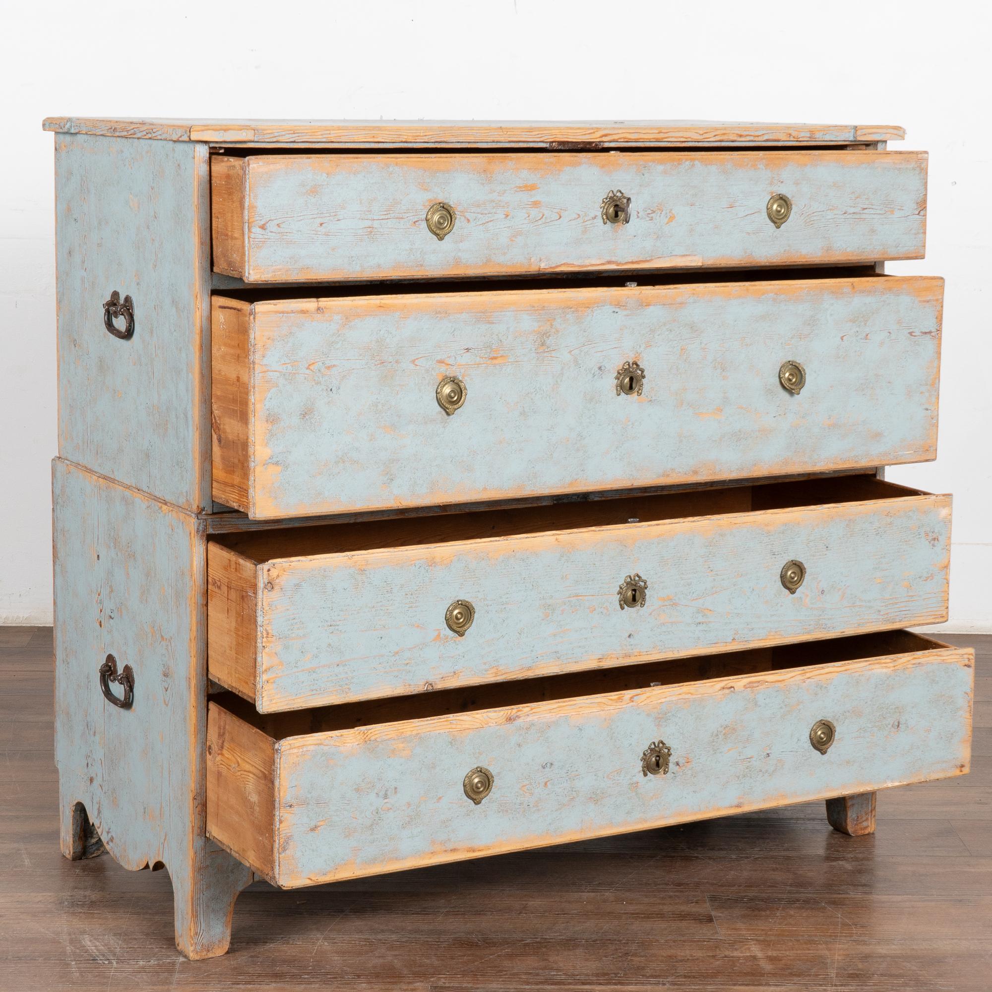 Country Large Blue Painted Pine Chest of Four Drawers, Sweden circa 1780