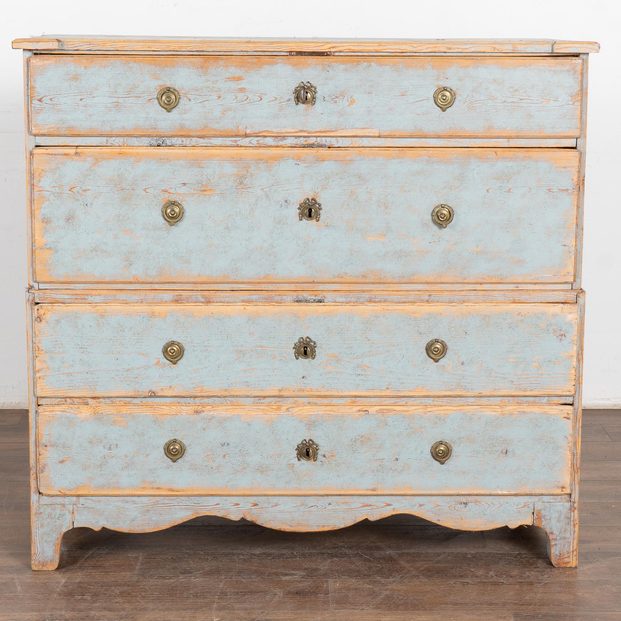 Swedish Large Blue Painted Pine Chest of Four Drawers, Sweden circa 1780