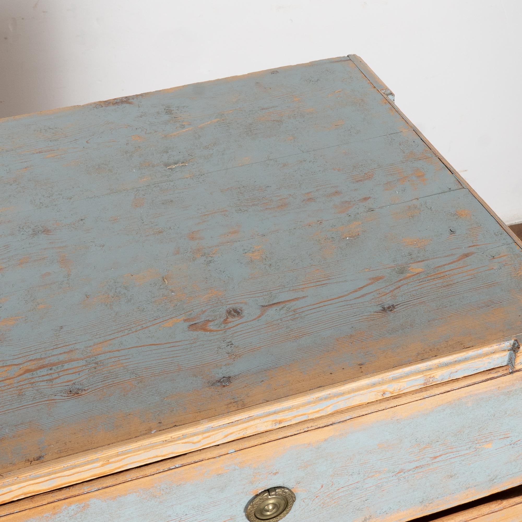 Brass Large Blue Painted Pine Chest of Four Drawers, Sweden circa 1780