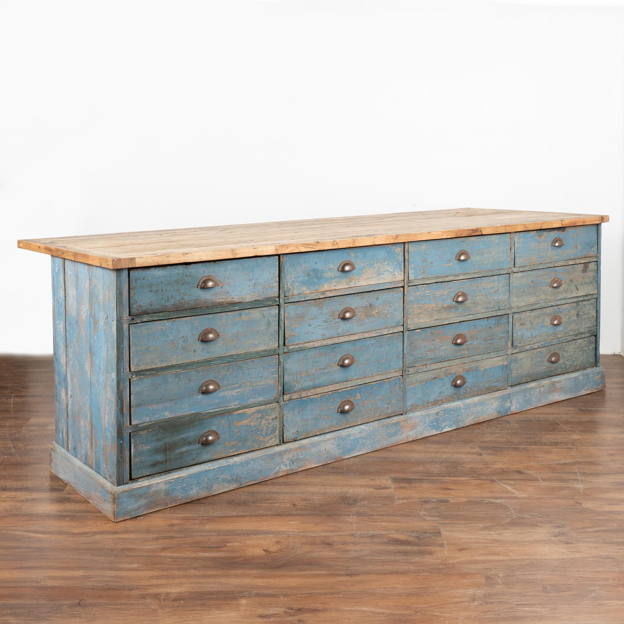 Large Blue Painted Rustic Kitchen Island Shop Apothecary, Sweden circa 1890 5