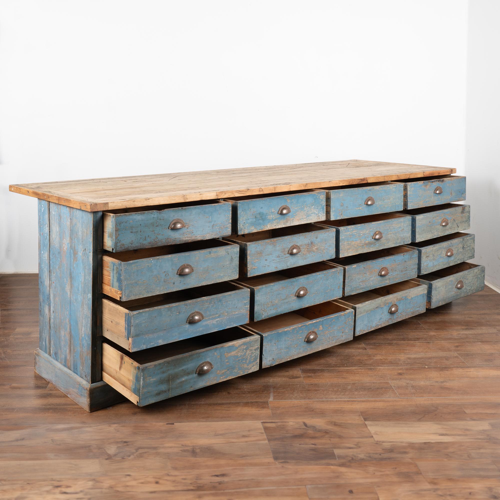 Swedish Large Blue Painted Rustic Kitchen Island Shop Apothecary, Sweden circa 1890