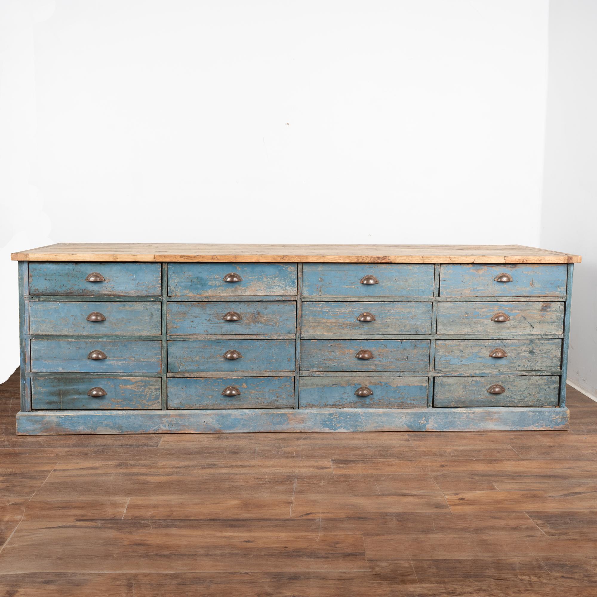 Large Blue Painted Rustic Kitchen Island Shop Apothecary, Sweden circa 1890 In Good Condition In Round Top, TX