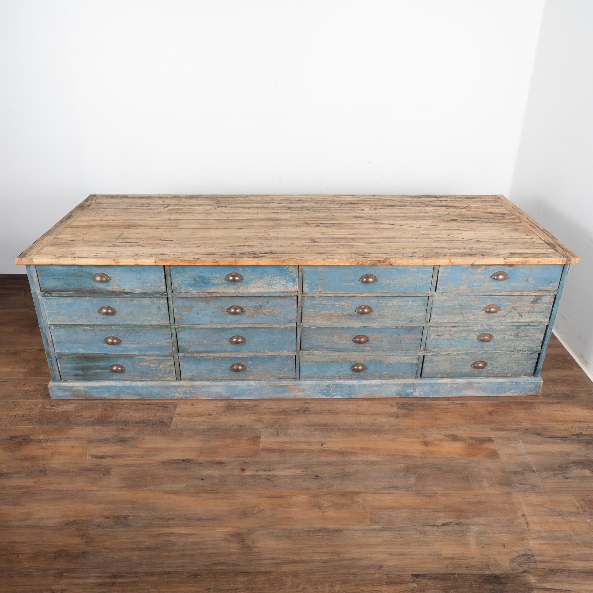 19th Century Large Blue Painted Rustic Kitchen Island Shop Apothecary, Sweden circa 1890